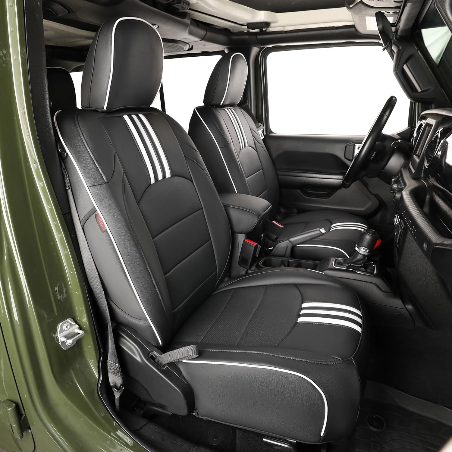 EKR Wrangler Seat Covers Custom Fit for Jeep Wrangler 2018 2019 2020 2021 2022 2023,4DR,Rear Split Seat W/Armrest,Leather Car Seat Covers Full Set for SUV Trucks-Faux Leather(Black with White Piping)