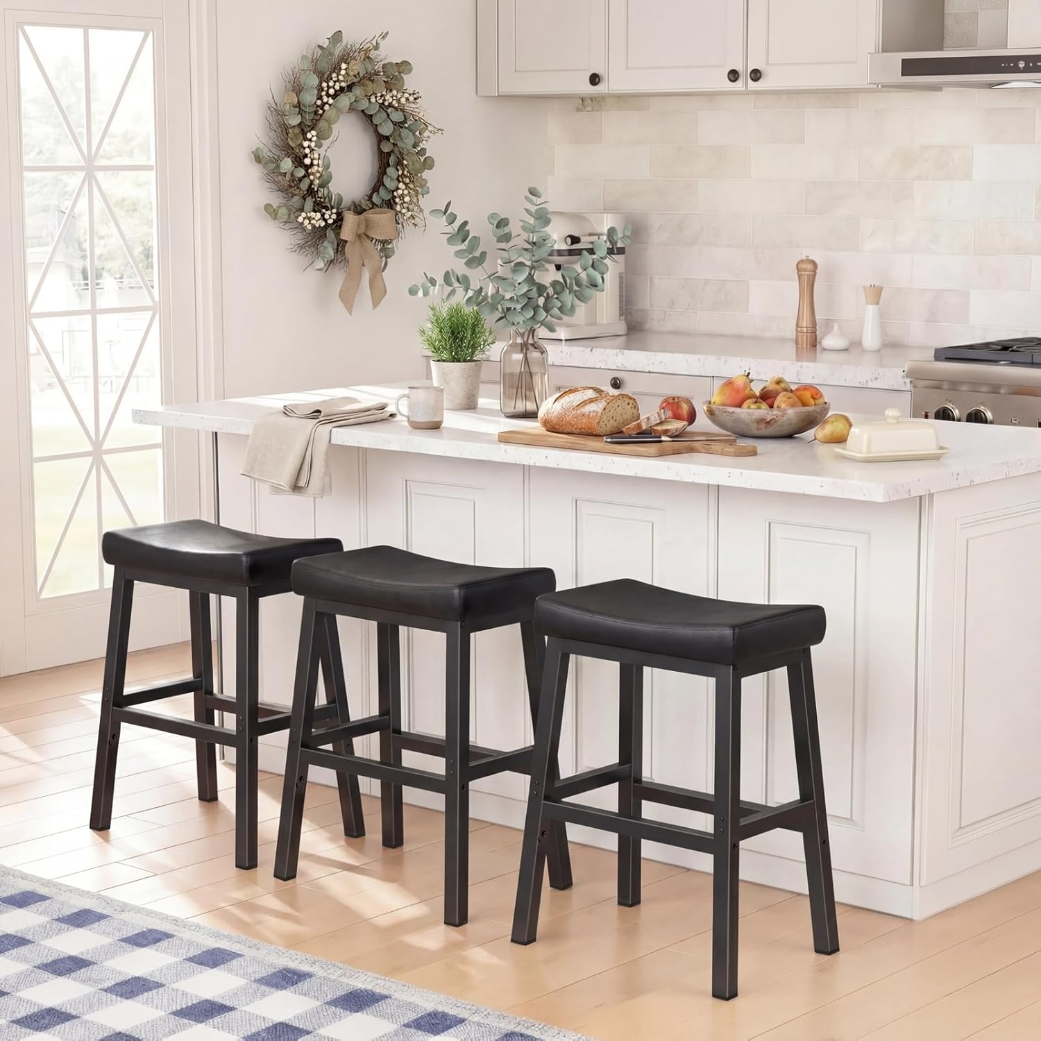 WINAZ 24 Inch Bar Stools for Kitchen Island, Kitchen Chairs Counter Height Stools with Footrest, Black Saddle Leather Barstools Heavy Duty for Dining Table Farmhouse Outdoor, 1 PC