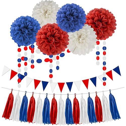 Red White Blue Party Decorations - 23pcs Tissue Paper Flower Pom Poms Tassel Garland Pennant Banner Flags Streamers Patriotic 4th of July American Independence National Day Graduation Birthday Decor