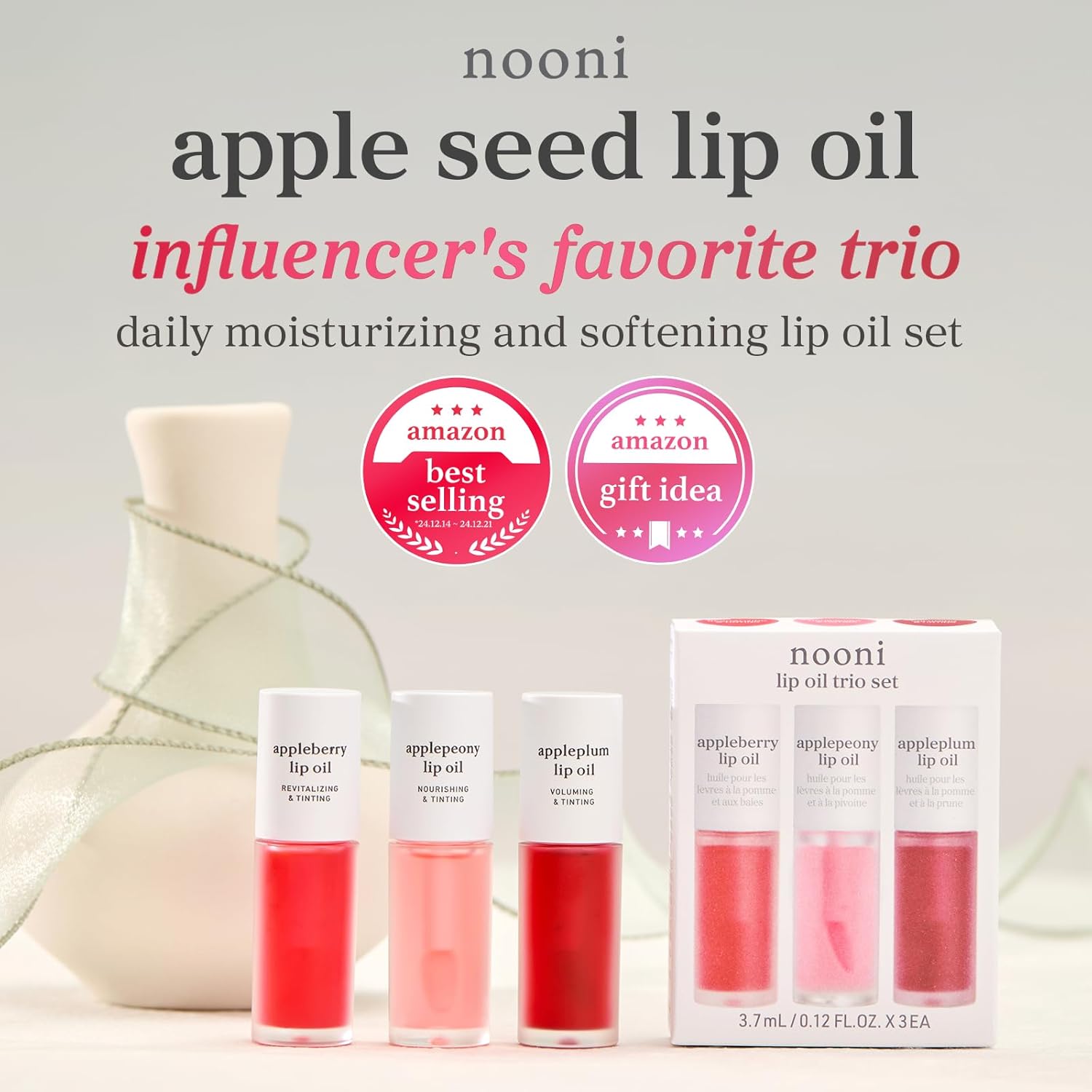 NOONI Korean Lip Oil Set - Appleberry, Applepeony & Appleplum - Long-Lasting, Moisturizing, Revitalizing - Waterproof, No Peel Off, Stocking Stuffers (3EA, 0.12 fl oz)