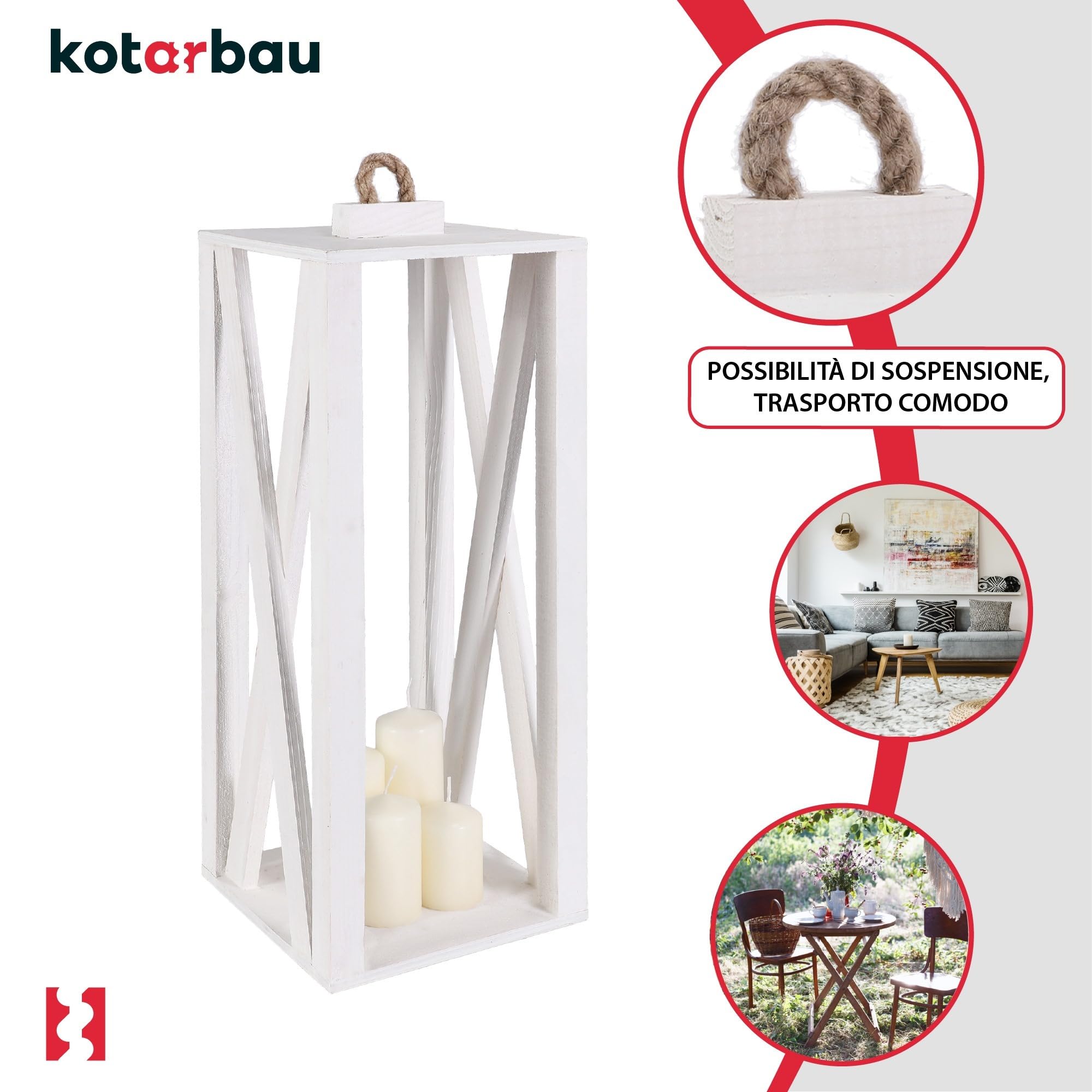 KOTARBAU® Lanterna in Legno Bianca 20 x 20 x 50 cm Lanterna da Giardino in Legno Lanterna per Interni ed Esterni per Soggiorno per Fiori e Candele Lanterne per Matrimonio