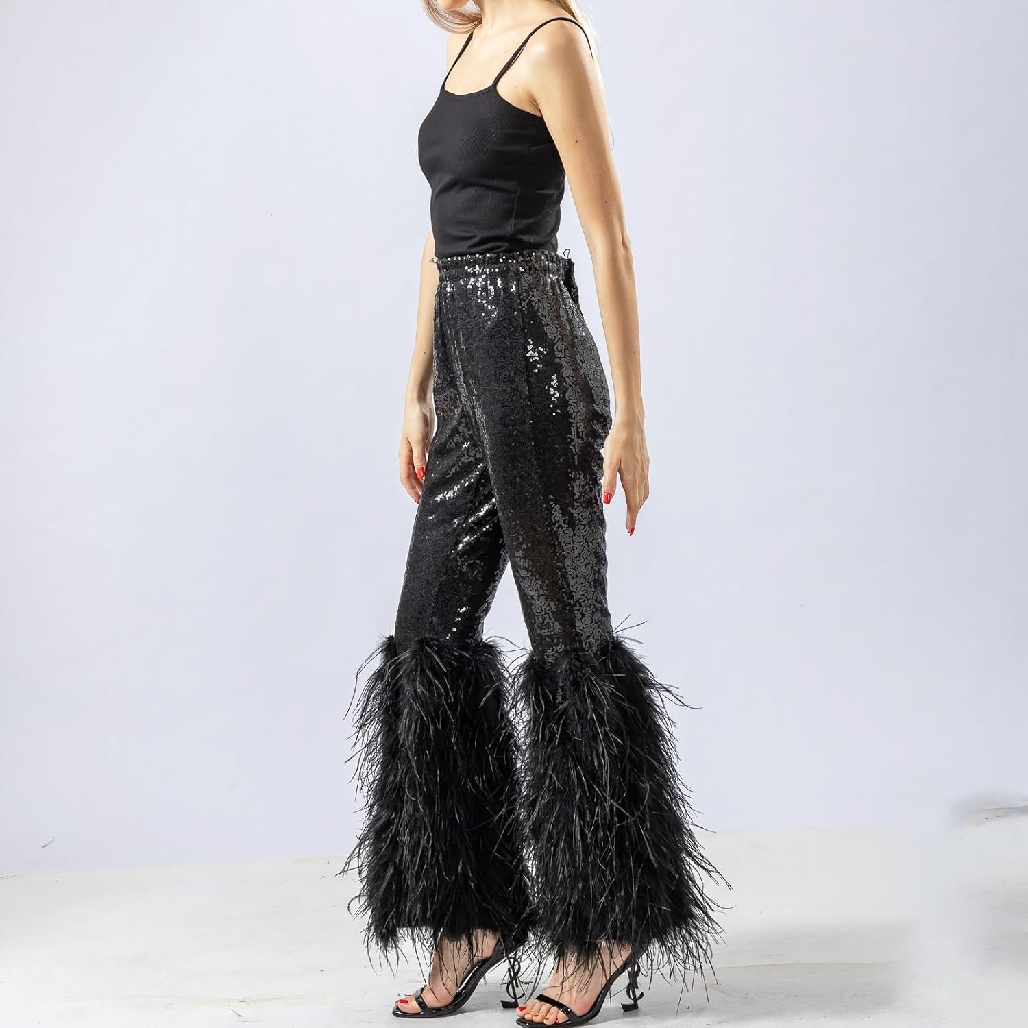 LVCOMEFF Women Sequin Pants with Ostrich Feather Trim Metallic Sparkle Pant Outwear Pants Trousers Party Club