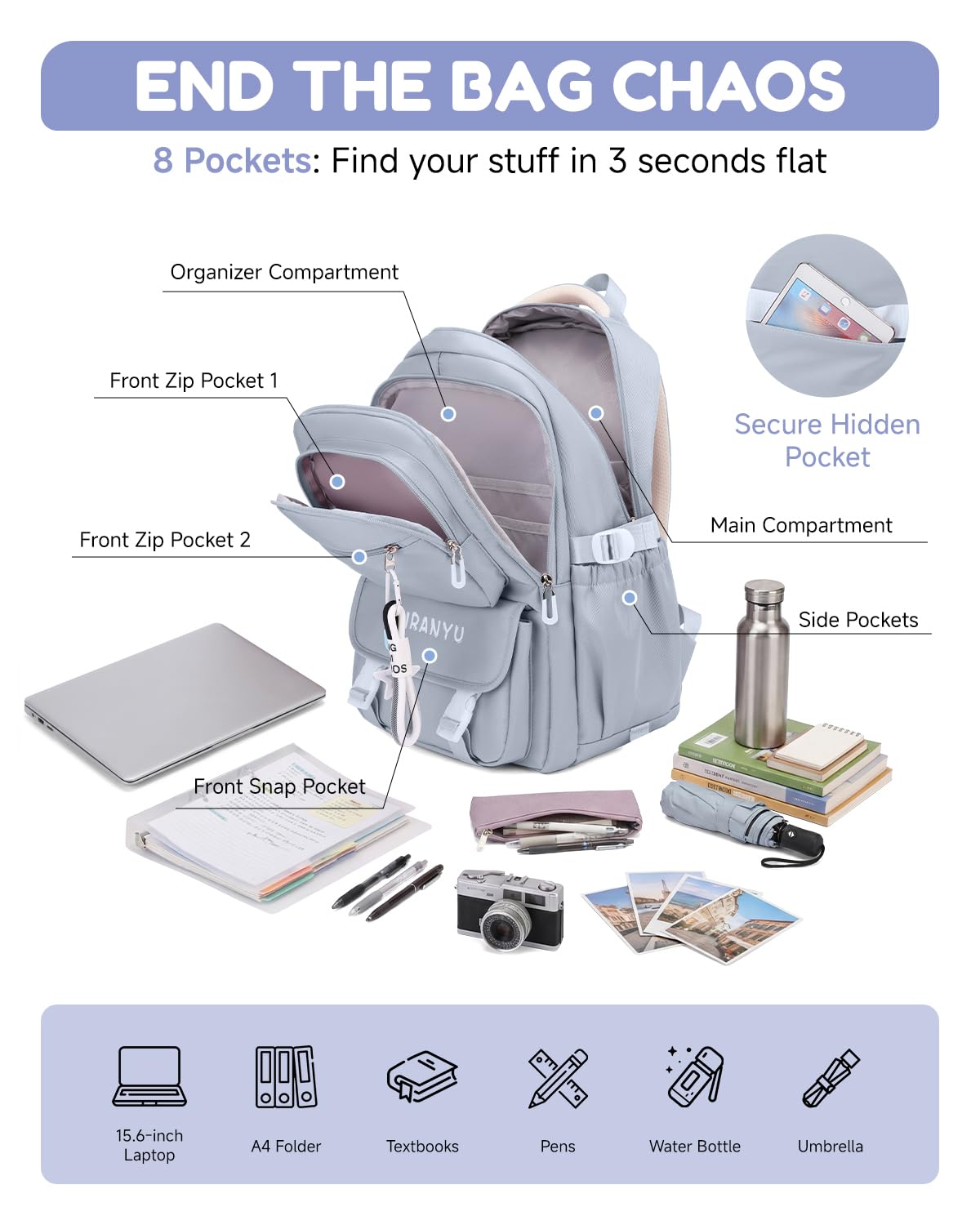 Amythe Mochila Escolar Niña - Mochila Colegio Niña para Instituto y Secundaria Ligera, Mochilas Adolescentes Chicas con Bolsillo Portátil 15,6" para Viaje - Apta para Carro, Azul
