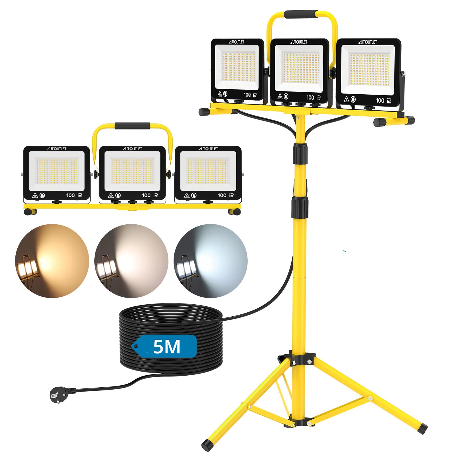 AUTOUTLET Baustrahler LED mit Stativ 300W, 3 Farbtemperaturmodi & 5M Kabel | 27000LM Baulampe, 3000K/5000K/6500K, 118-174cm Höhenverstellbar Stativ, IP66 Wasserdicht, Abnehmbar, für Garage Baustelle