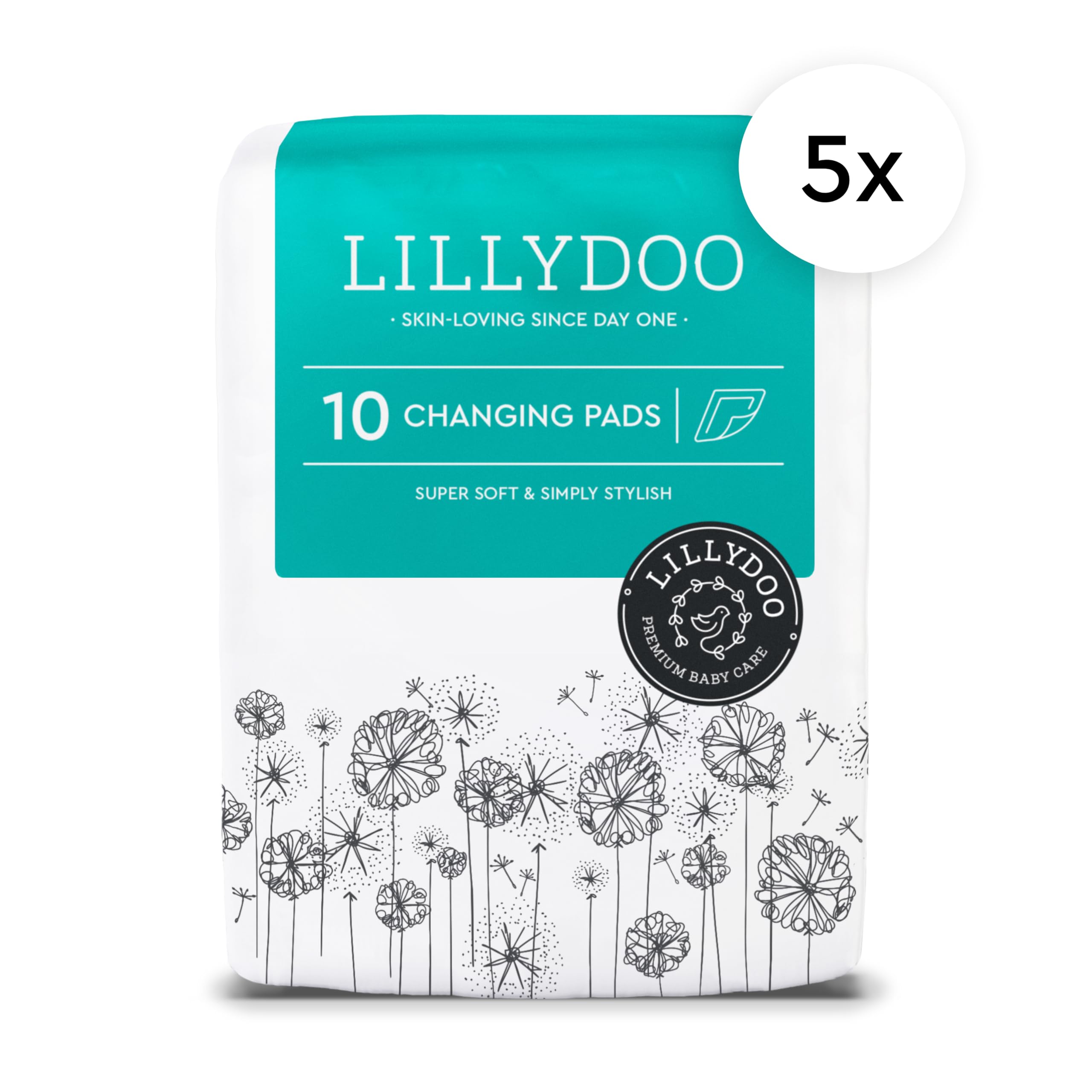 LILLYDOO hautfreundliche Baby Wickelunterlagen 60x 60 cm, 50er Pack (5x10 Stück), Weich, Ohne Parfüme & Lotionen für empfindliche Haut, Dermatologisch getestet