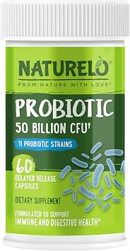 NATURELO Probiotics for Digestive Health, 50 Billion CFU, 60 Capsules