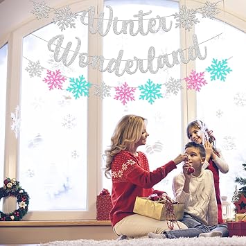3Pcs Winter Wonderland Glittery Snowflake Banner - Christmas Decorations Winter Holiday Garland Photo Props for Party Home Decor (Silver Blue Pink)