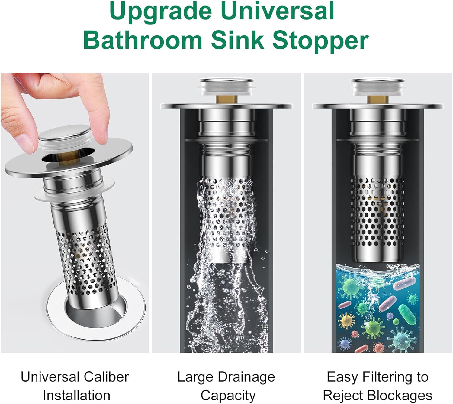 Bathroom Sink Drain Strainer,Universal Pop-Up Sink Stopper Hair Catcher, Anti-Clog Stainless Steel Drain Filter Basket, Removable Sink Drain for Bathroom Sink Stopper Replacement - Image 3