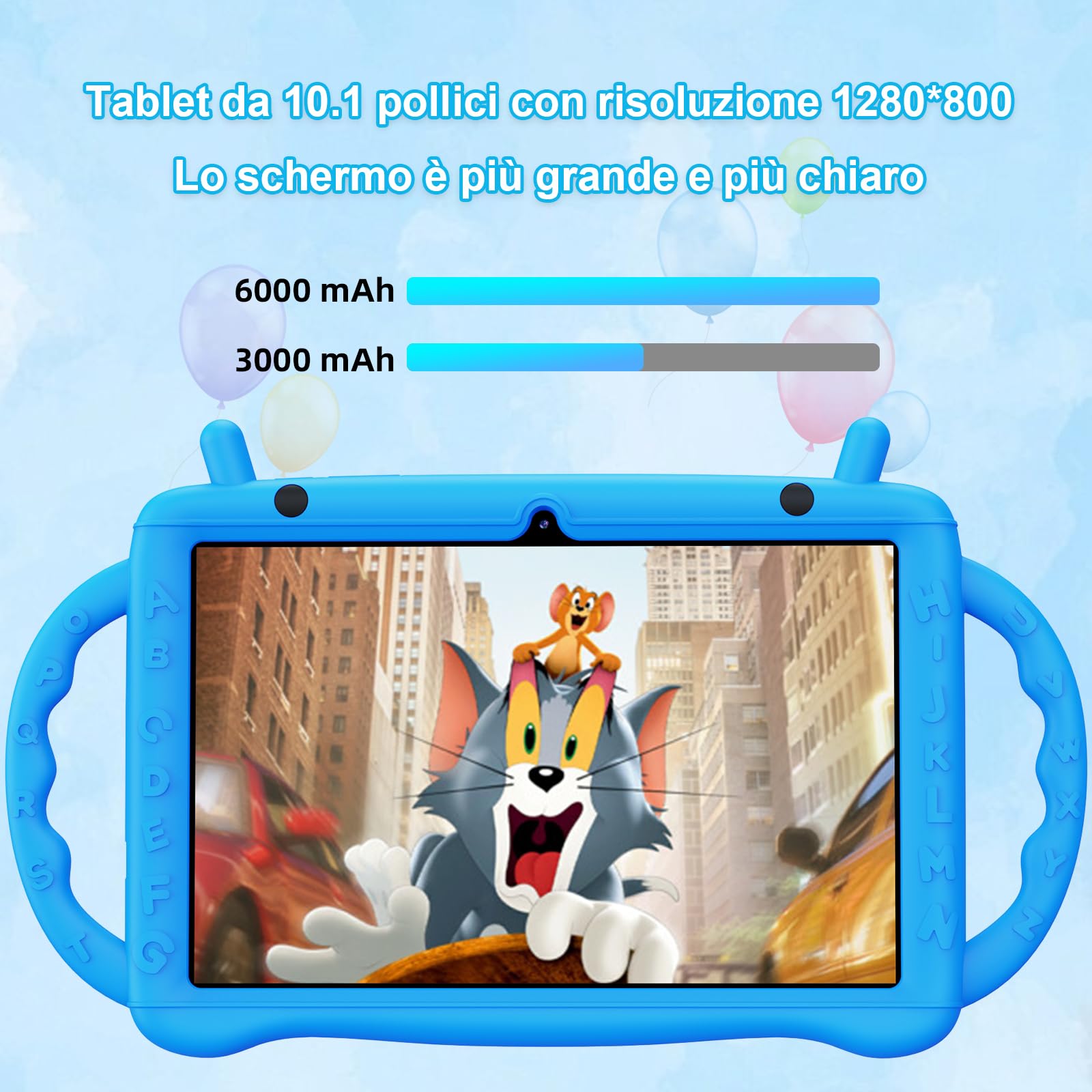 Tablet Bambini 10 Pollici, Tablet Android 14 Octa Core 2.0 GHz, 10GB RAM + 64GB ROM(TF 1 TB), 6000 mAh, WiFi, Bluetooth, Doppia Fotocamera, Controllo Genitori, APP Educazione Bambini (Blu)