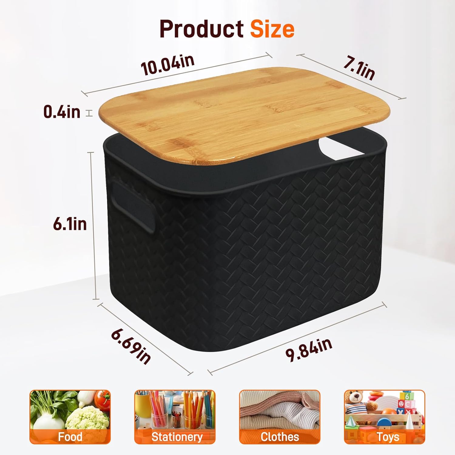 Soddeph 4 Packs Plastic Storage Bins with Bamboo Lids,Stackable Storage Containers with Lids, Storage Baskets for Organizing Desktop, Classroom, Office (Black)