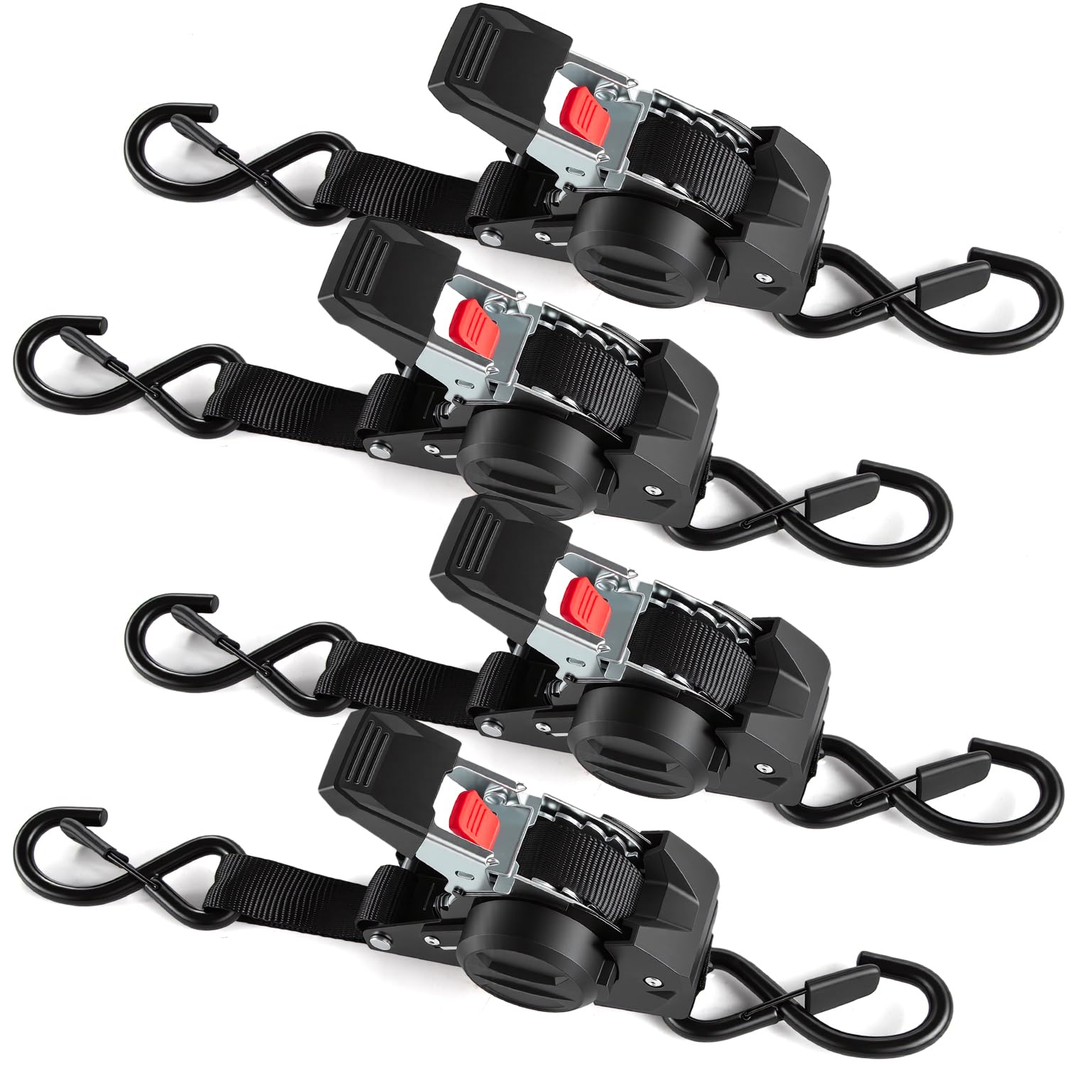 4 Stück Automatik Spanngurt mit S Haken | Automatischer Spanngurtaufroller 3m x 25mm,750KG Bruchlast | Selbstaufrollende Spanngurte für Motorrad, Anhänger und LKW, Schwarz