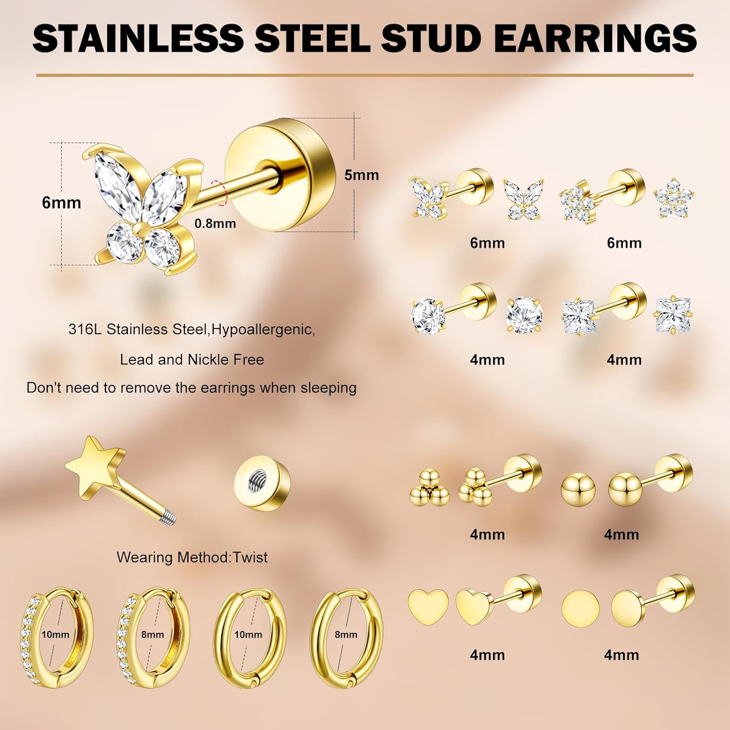 Surgical Steel Cartilage Earrings for Women Flat Back Earrings 14K Gold Daith Conch Tragus Helix Piercing Jewelry Studs Hoop Earring Set for Multiple Piercing - Image 2