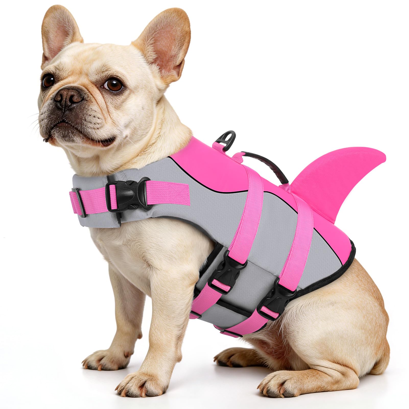 Queenmore Dog Life Jacket Ripstop Shark Dog Safety Vest Adjustable Preserver with High Buoyancy and Durable Rescue Handle for Small,Medium,Large Dogs, Pink Shark X-Small