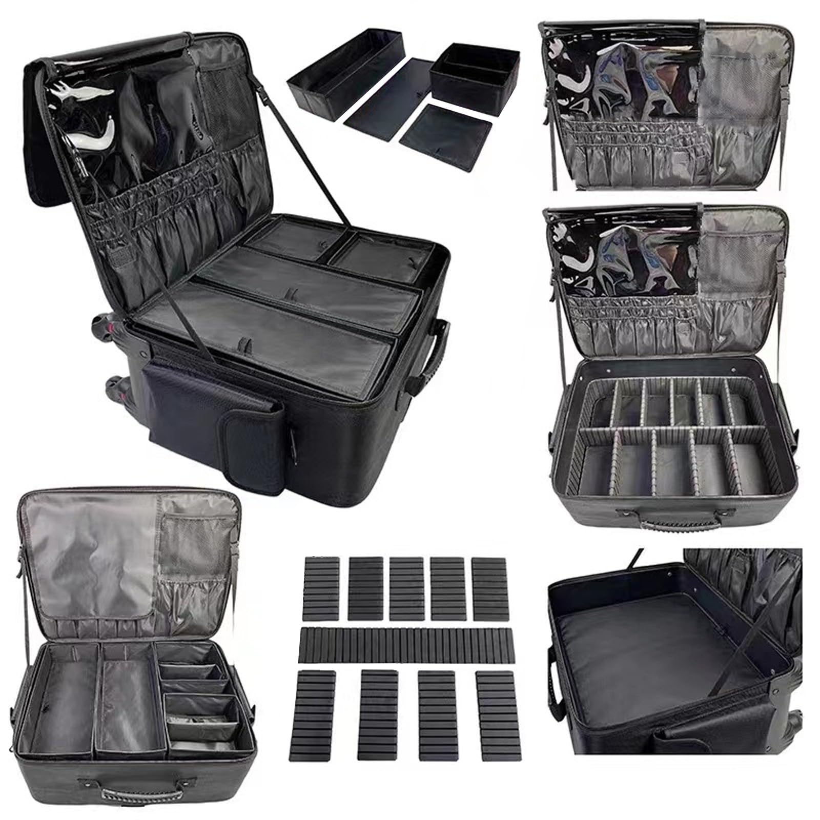 Valigia per cosmetici a più livelli, impermeabile, organizer per trucchi con carrello retrattile, 48,7 cm, Nero