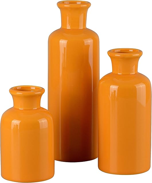 Shinning Orange Yellow Vase for Decor Set of 3, Ceramic Rustic Modern Farmhouse Vase for Bookshelf, Living Room, Office