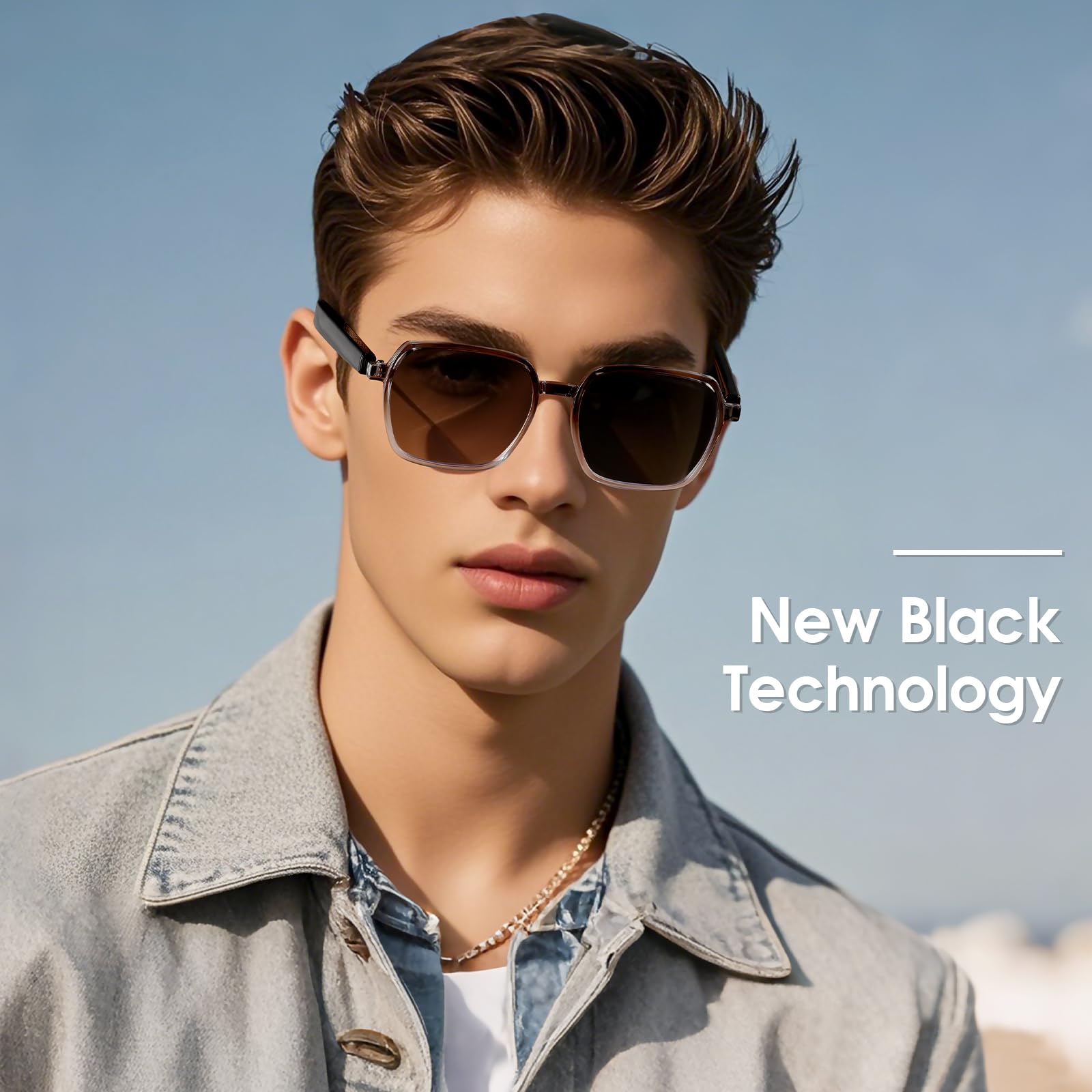 DIGI4U Lunettes Bluetooth - Audio à oreilles ouvertes, verres photochromiques UV400 et protection contre la lumière bleue, micro pour appels, lunettes intelligentes mains libres pour homme et femme