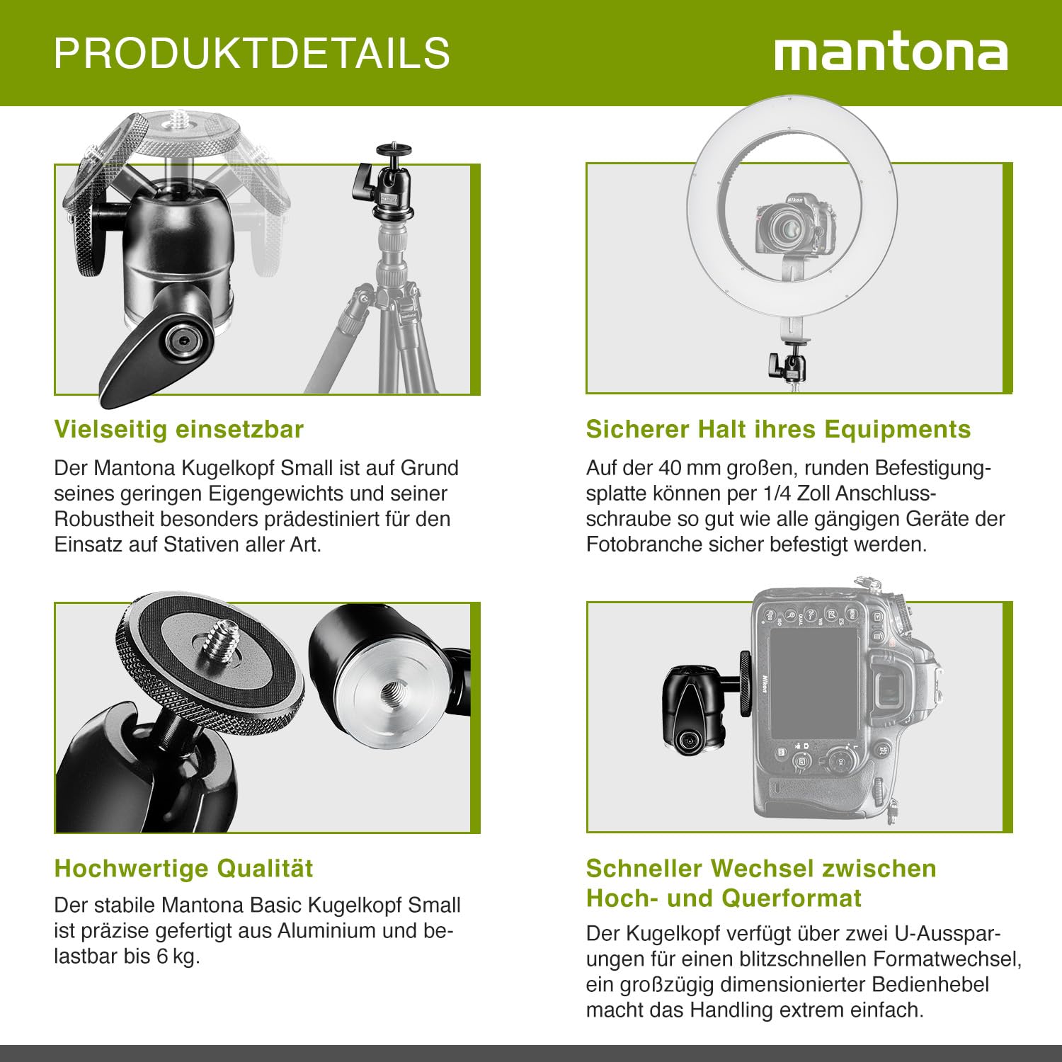 Mantona Small Kugelkopf für Ministativ (3/8 Zoll Gewinde)