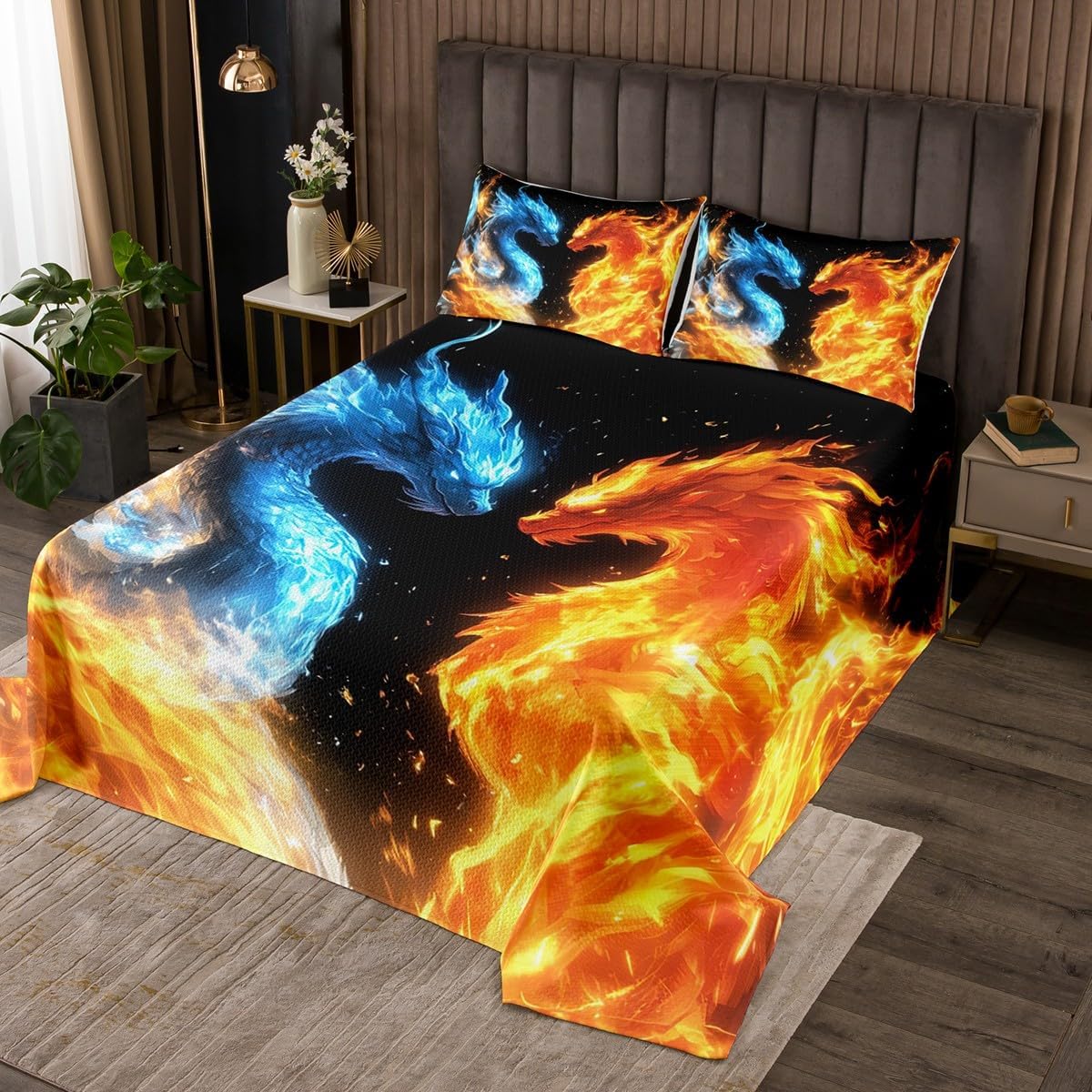 Erosebridal Magic Dragon Bedspread Queen for Kids Adults Teens Purple Fire Coverlet Set Western Wild Animals Quilted Coverlet Fantasy Exotic Wildlife Mysterious Dragon Soft Luxury Quilted