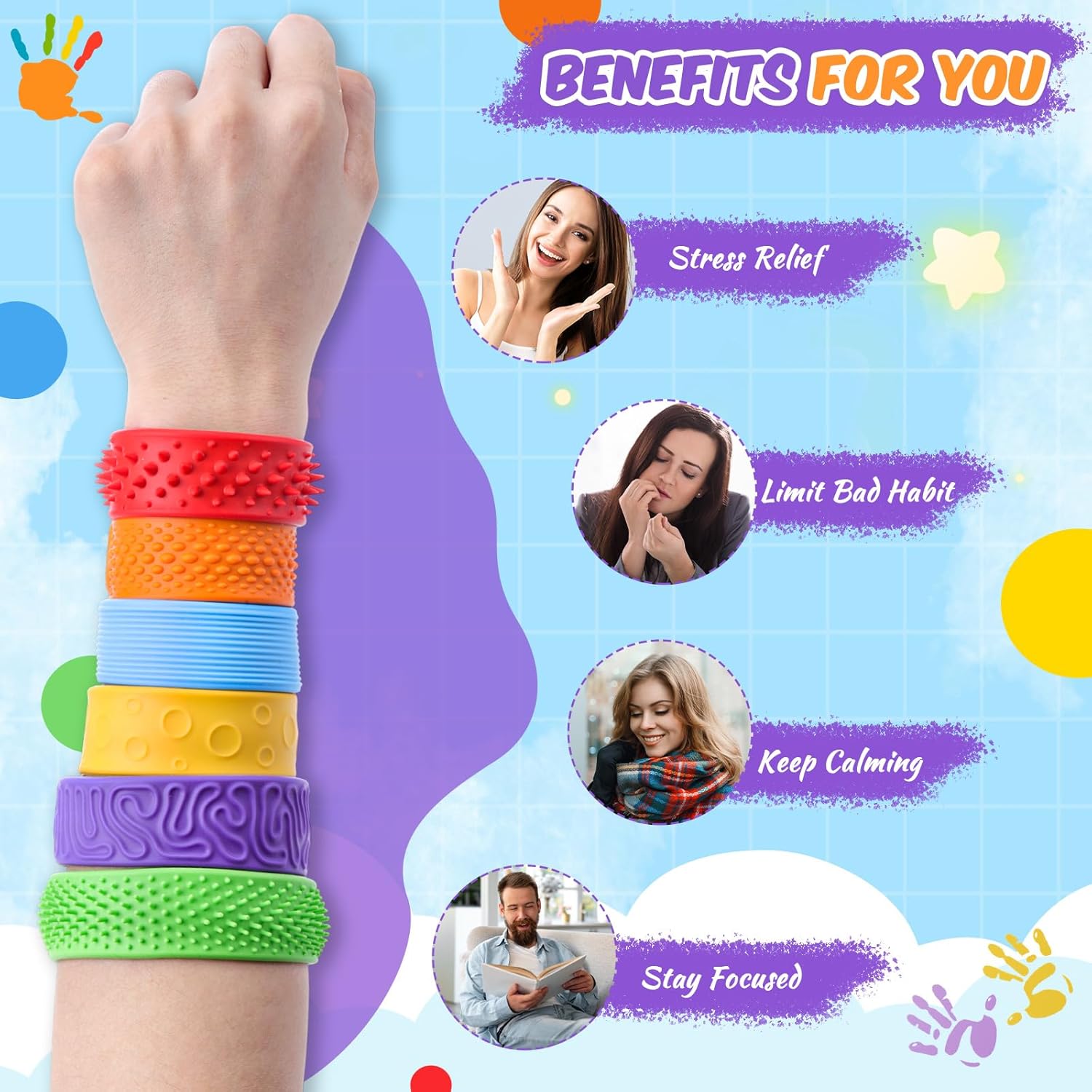 Simgoing Fidget Textured Slap Bracelets Textured Silicone Sensory Bracelet for Autism Calming Sensory Wristbands Wearable Stress Fidgets for Adults Office Desk Travel Gift (24 Pcs)