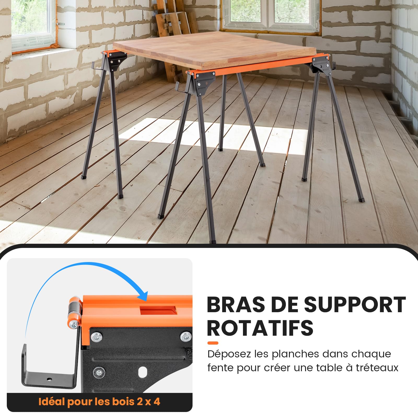 COSTWAY Lot de 2 Tréteaux de Sciage Pliables Métalliques Charge 500 kg, Tréteaux Portable avec 2x4 Bras de Support Pieds à Ouverture Rapide pour Bricolage Sciage 96,5 x 47 x 76 cm