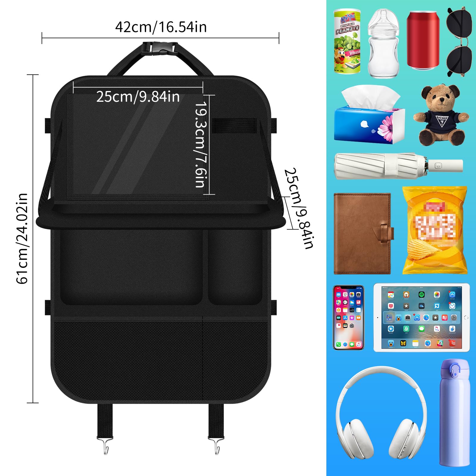 2 Piezas Organizador Coche, Organizador Asiento Coche Niños, Protector Asiento Coche con Mesa Plegable, Impermeable, Alfombrillas para Patadas para Juguetes, Bocadillos