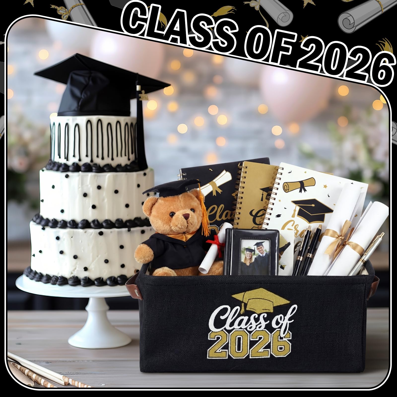 Graduation Gifts Basket Class of 2026 Storage Box with Handle Congrats Grad Gift Storage Basket for High School College Decor Party Favor Keepsake 14 x 10 x 6.3(Classic,Black and Gold)
