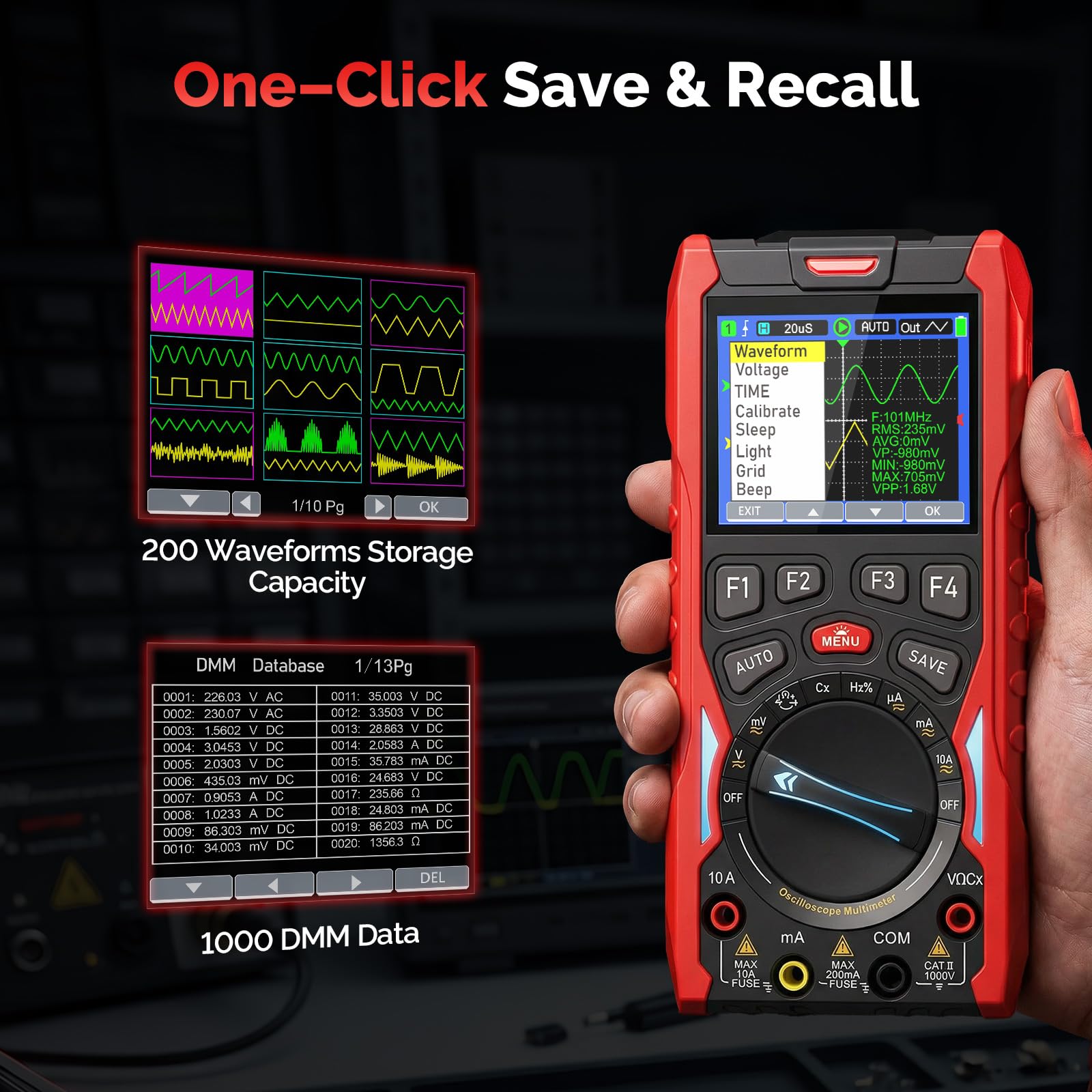 2-Kanal Handheld Oszilloskop, 70MHz Bandbreite, 3-in-1 Digitaloszilloskop Multimeter mit Signalgenerator, 200MSa/s Abtastrate, 20000 Counts, Typ-C Schnellladung, Rot