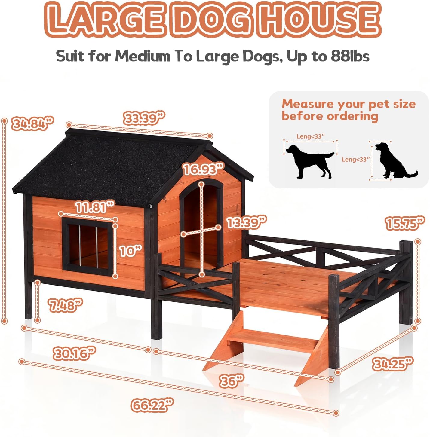 Large Dog House with Porch/Window/Ladder, Outdoor Dog Shelter Weatherproof, Wooden Pet House for Outside, 66" x 34" x 35" Inches (Natural)