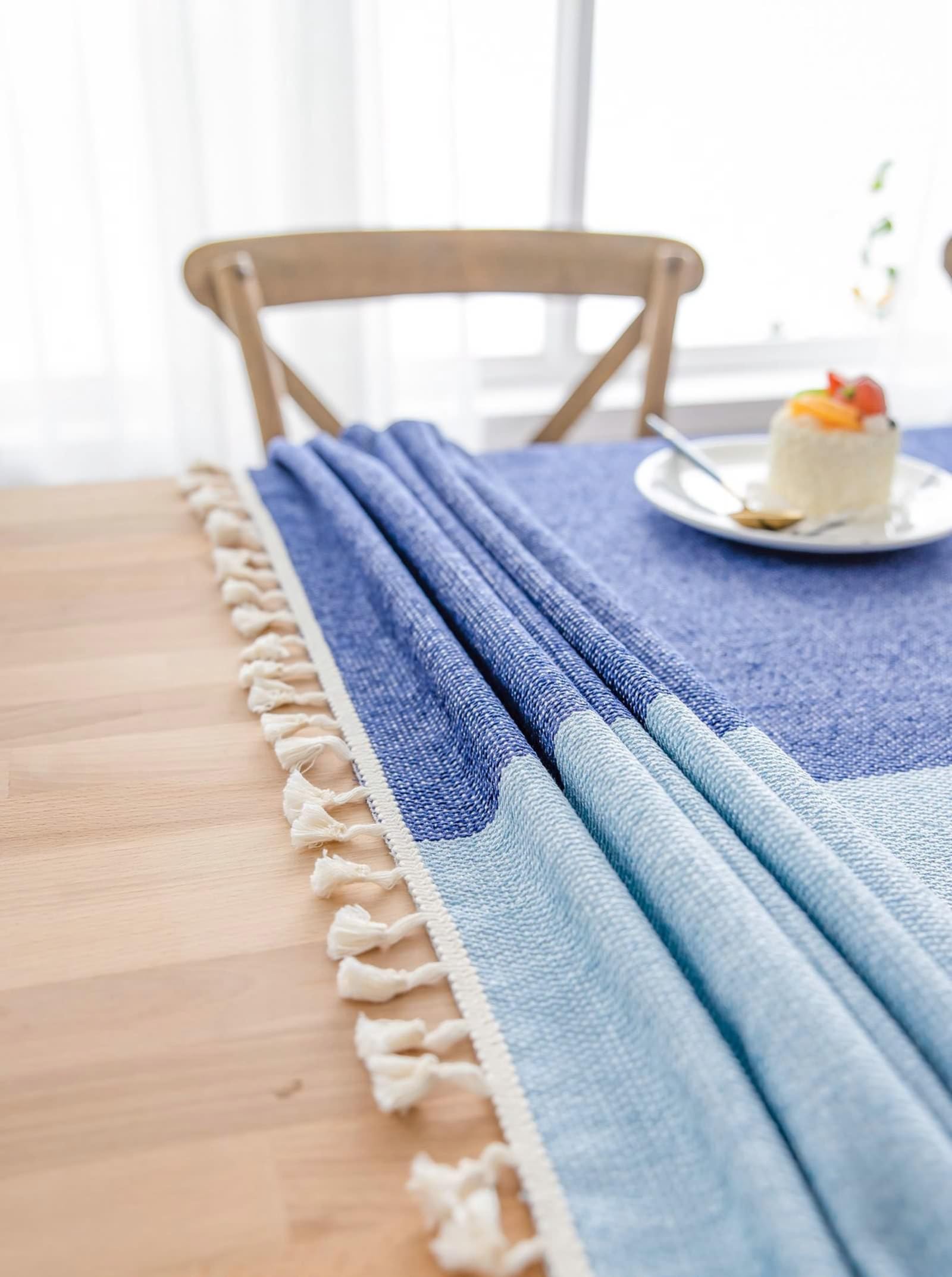 Mantel antimanchas, rectangular, de algodón y lino, para salón, lavable, con juntas, color degradado con borlas, manteles para restaurante azul, 140 x 200 cm