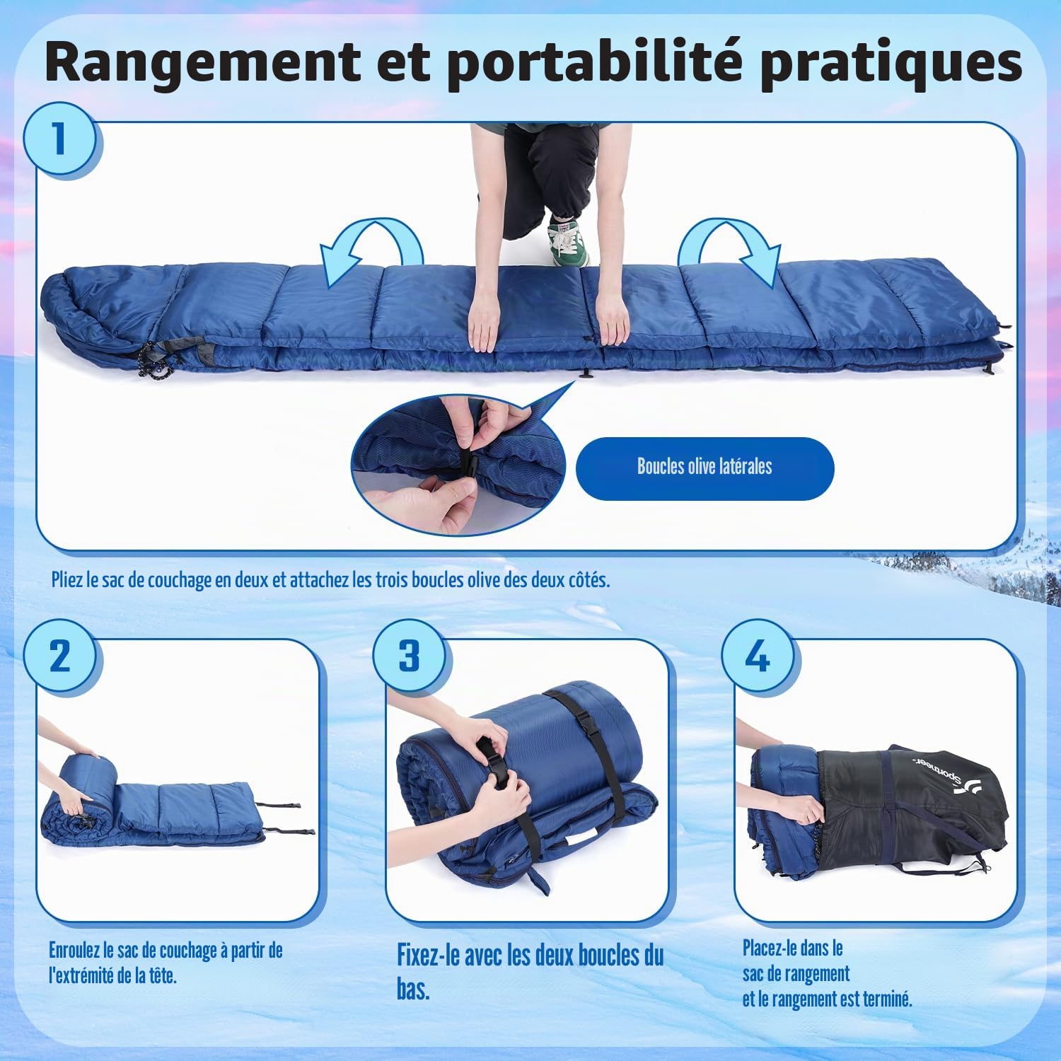 Sportneer Sac de couchage pour adultes, 229 x 90 cm (L x l), sac de couchage XXL à 0 degré avec doublure en velours cristal doux, sac de couchage d'hiver avec capuche amovible pour camping, voyage