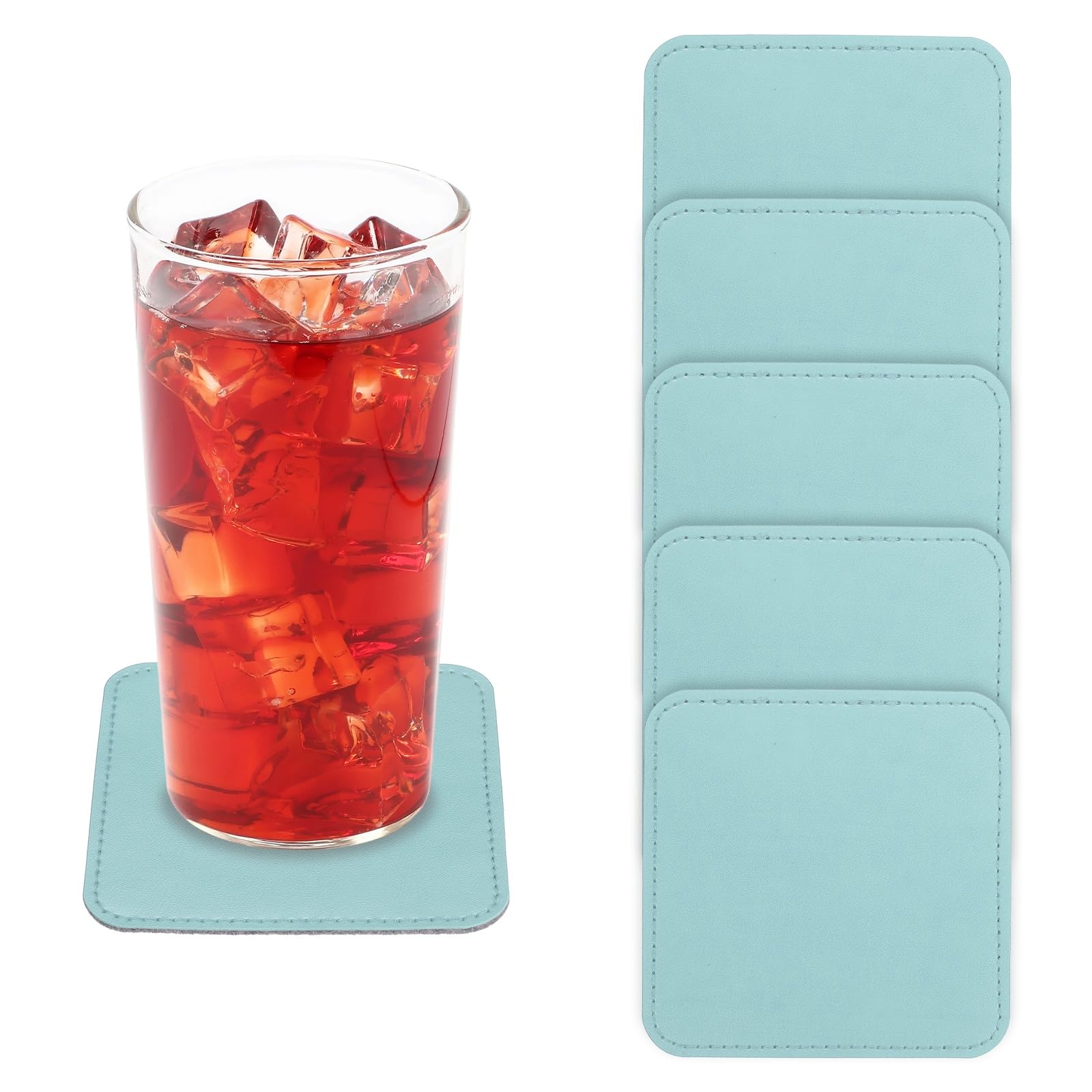 sourcing map 5Pcs PU Leather Coasters, 4x4" Square Drink Coasters Heat Resistant Water Absorbent Non Slip Cup Mat for Home Office Kitchen Bar Coffee Table Housewarming Gifts Decor, Light Blue