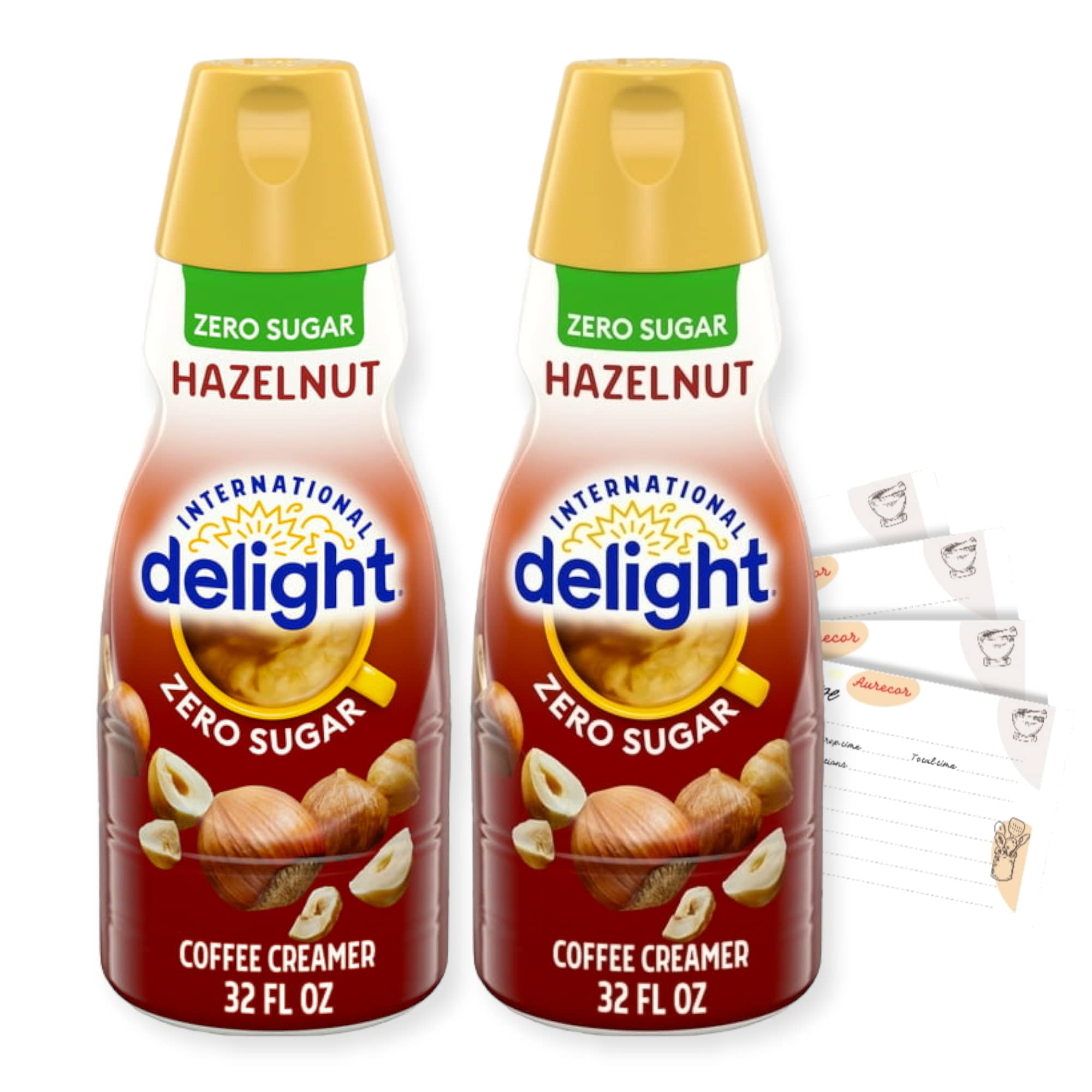 Coffee Creamer Bundle. Includes Two (2) 32 fl oz bottle of International-Delight Hazelnut Zero Sugar Liquid Coffee Creamer bundle with Aurecor Recipe Card