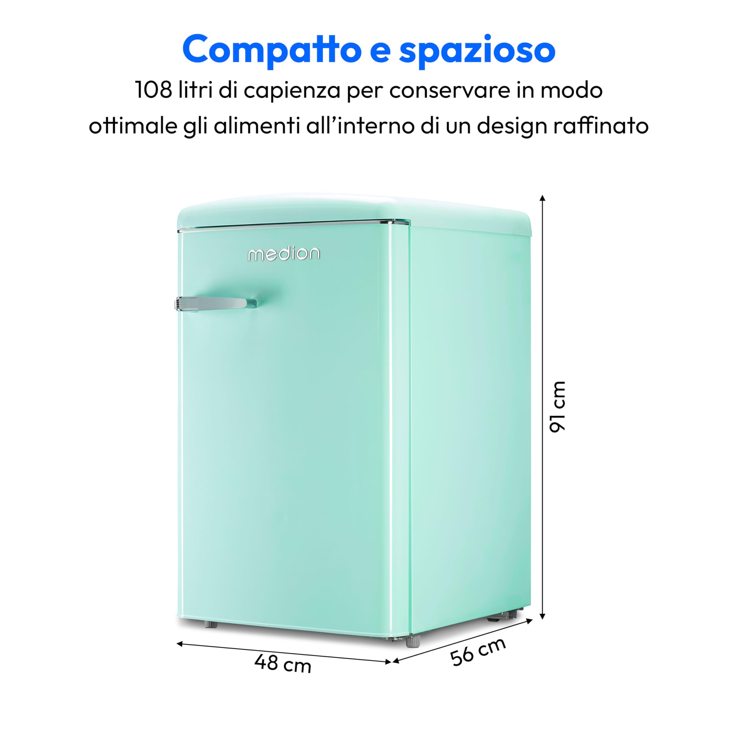 MEDION Combinazione frigorifero-congelatore retrò frigorifero da 95 litri, scomparto congelatore da 13 litri a 4 stelle, capacità 108 litri, illuminazione interna a LED