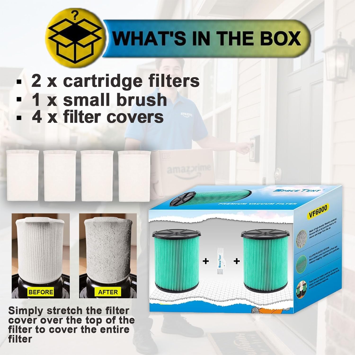 2 Pack VF6000 Hepa Filter Replacement for Rigid Shop Vac Filter 97457, 5-Layer HEPA Pleated Paper Filter, compatible with RIDGID most 5-20 Gallon Wet/Dry Vacuums, with 4 Pack Filter Covers HEPA Cartridge