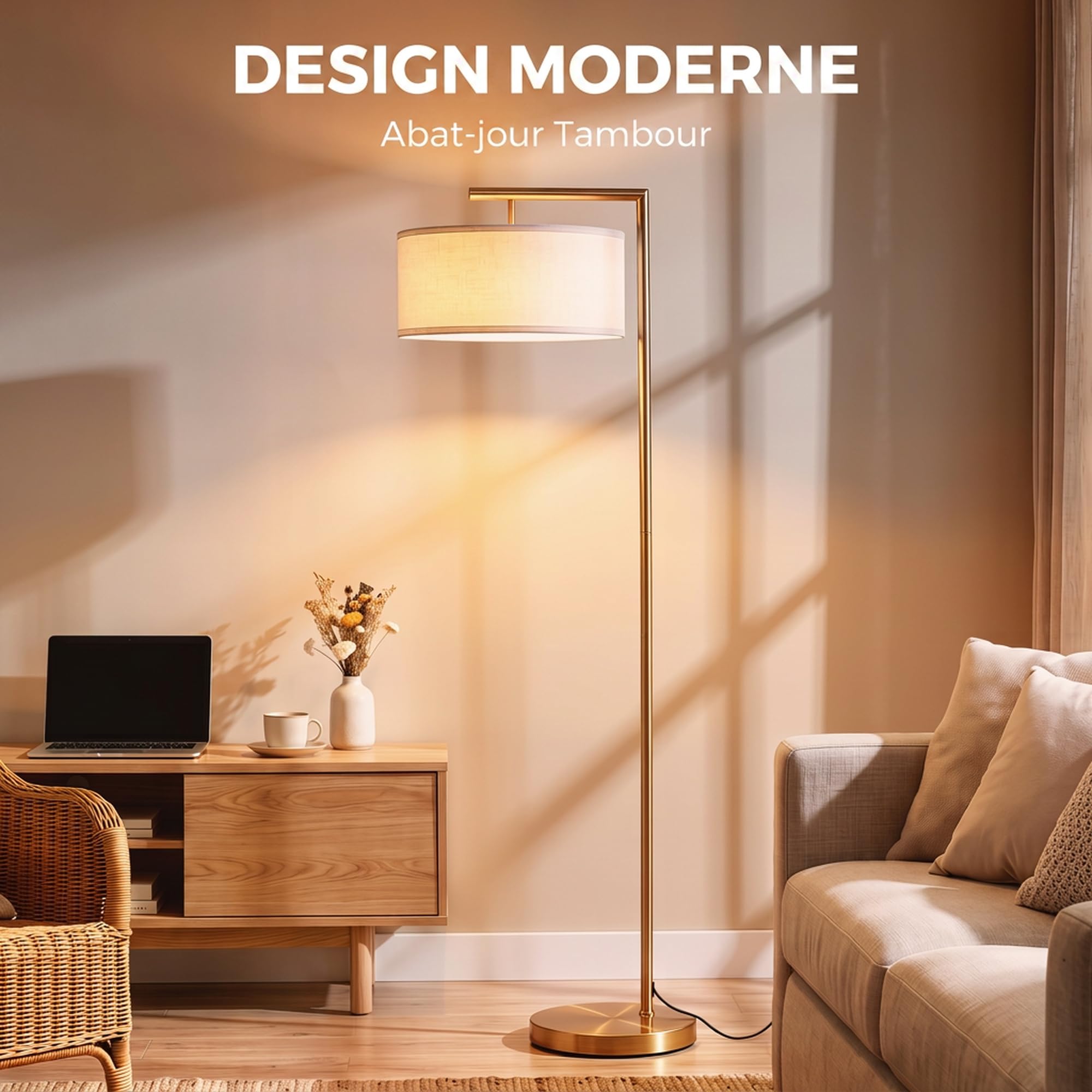 HOMCOM Lampadaire Lampe à Pied Base Ronde Stable 47x37x153 cm Or et Blanc