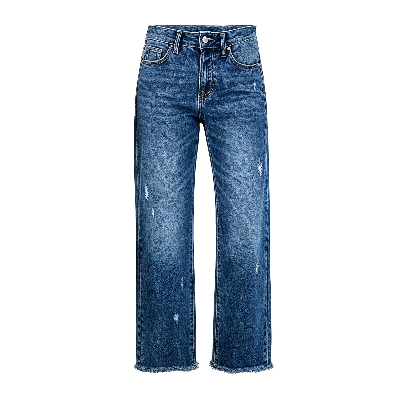 Jean pour femme en denim destroyed - Taille haute - Avec ourlet à franges