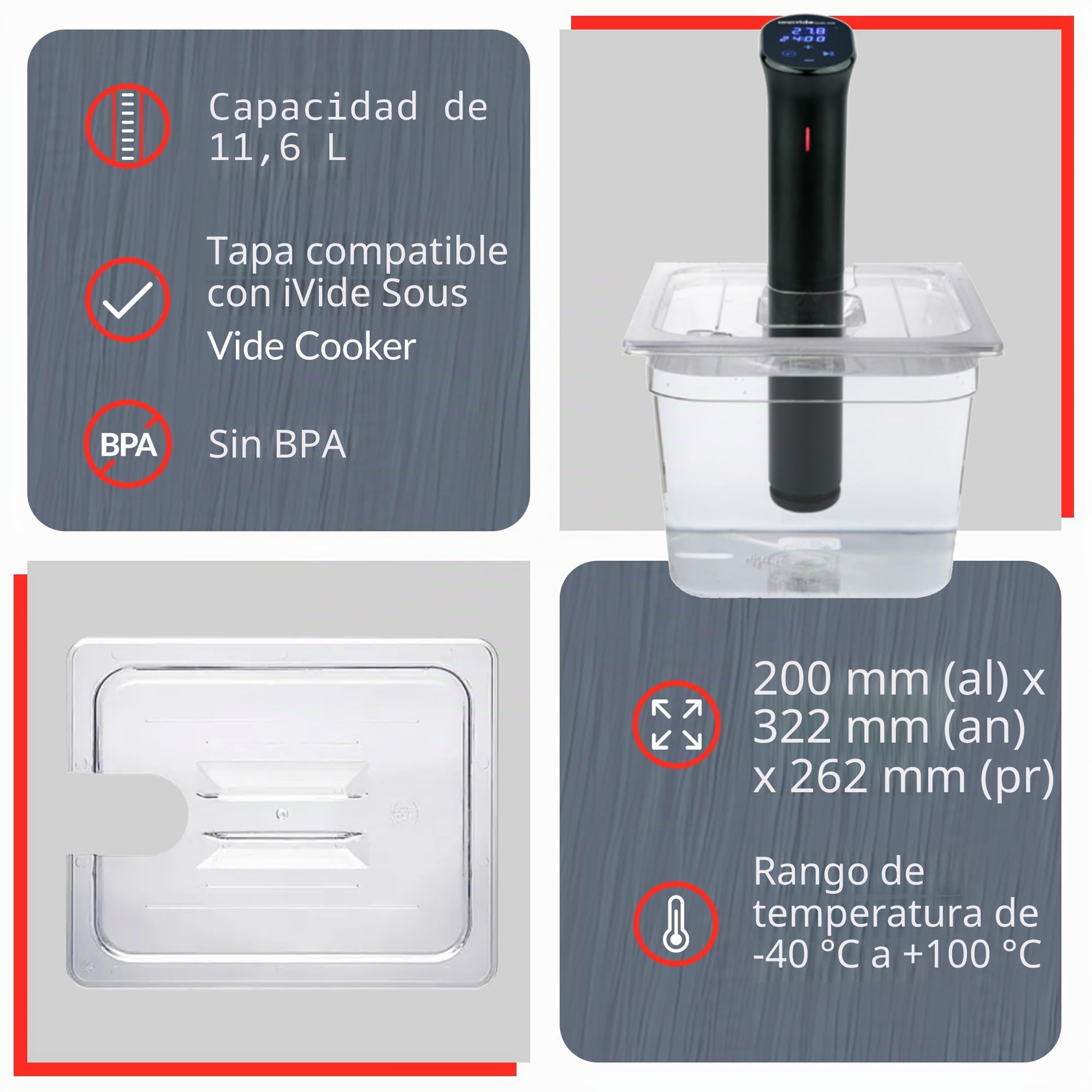 SousVideTools 11.6 Litre Polycarbonate Container - Custom Cut Lid to Suit the Anova Sous Vide Cooker - Clear Cooking Vessel - BPA Free, Non-Stick, and Dishwasher Safe