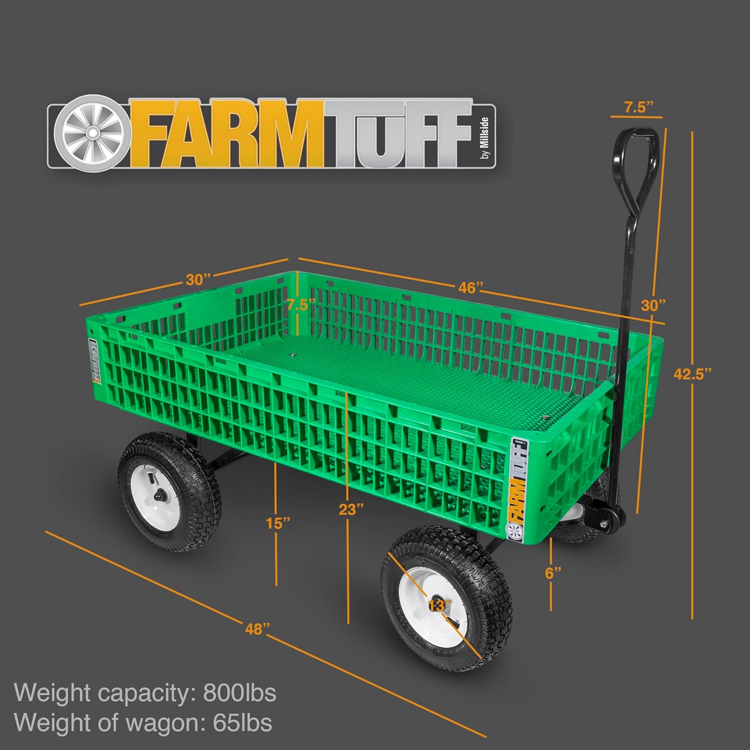 FARM-TUFF Plastic Mesh Crate Garden Wagon, 43.5" x 28" - Heavy-Duty Poly Utility Cart with Pneumatic Tires, 800lb Capacity & Powder-Coated Frame for Gardening, Landscaping & Yard Work