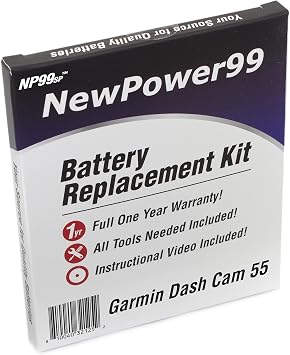 NewPower99 Battery Replacement Kit for Garmin Dash Cam 55 with Installation Video, Tools, and Extended Life Battery