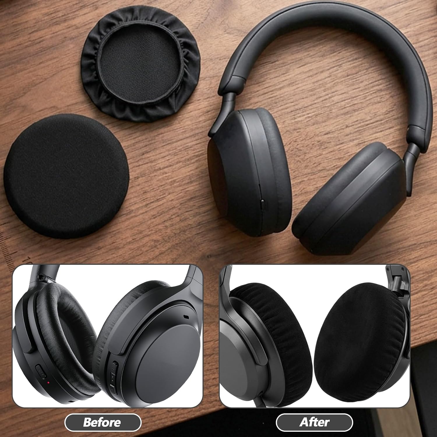 Nogeqi 2 Pairs Headphone Ear Covers, Flex Fabric Earphone Covers, Washable & Stretchable, Headphone Earpads Cover Sweat Protectors for Gym Gaming, Fit 3.5-4.3 inch/9-11 cm, Black
