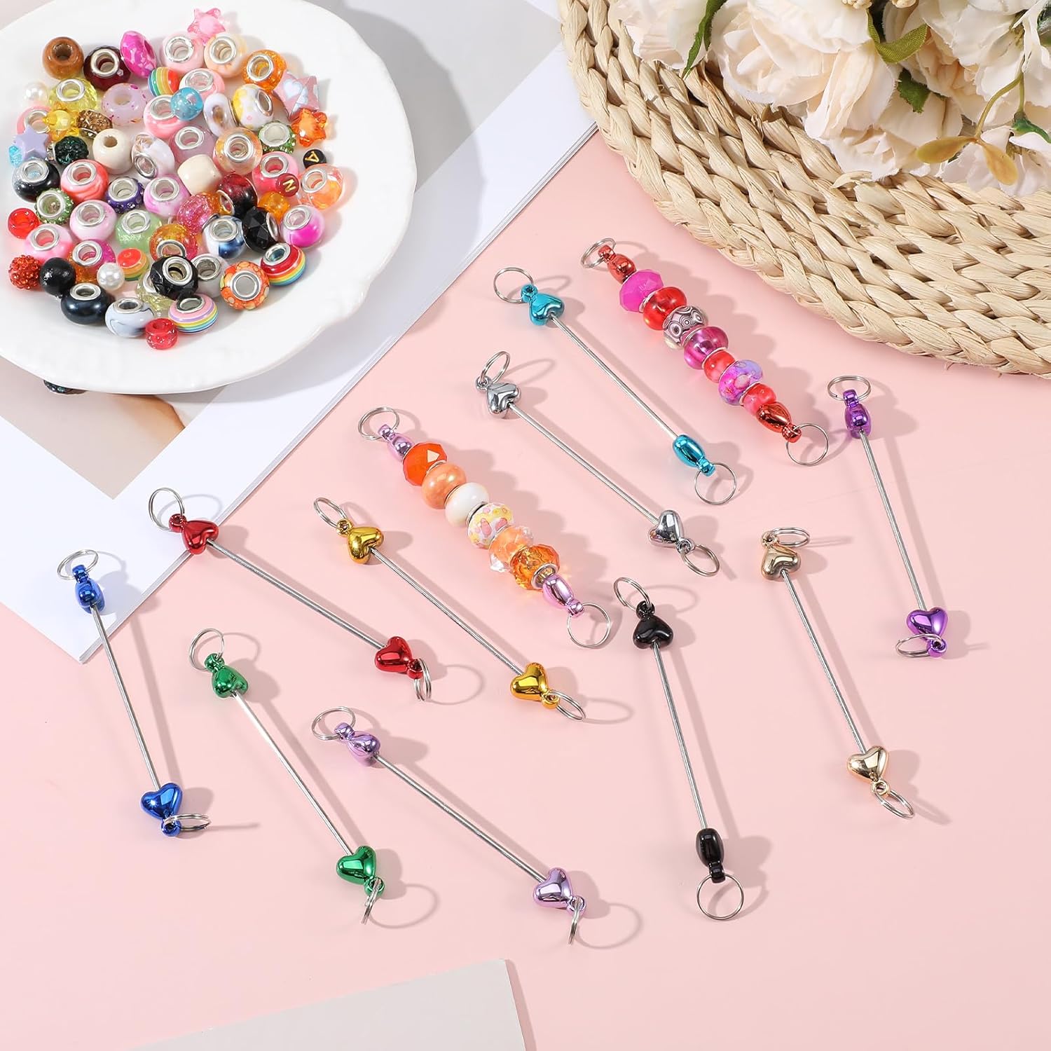 12 Pcs Beadable Keychain Bars, Bulk Blank Heart Beadable Keychain Bars, DIY Metal Beaded Keychains Strip for DIY Crafts Pendant Supplies - Image 4