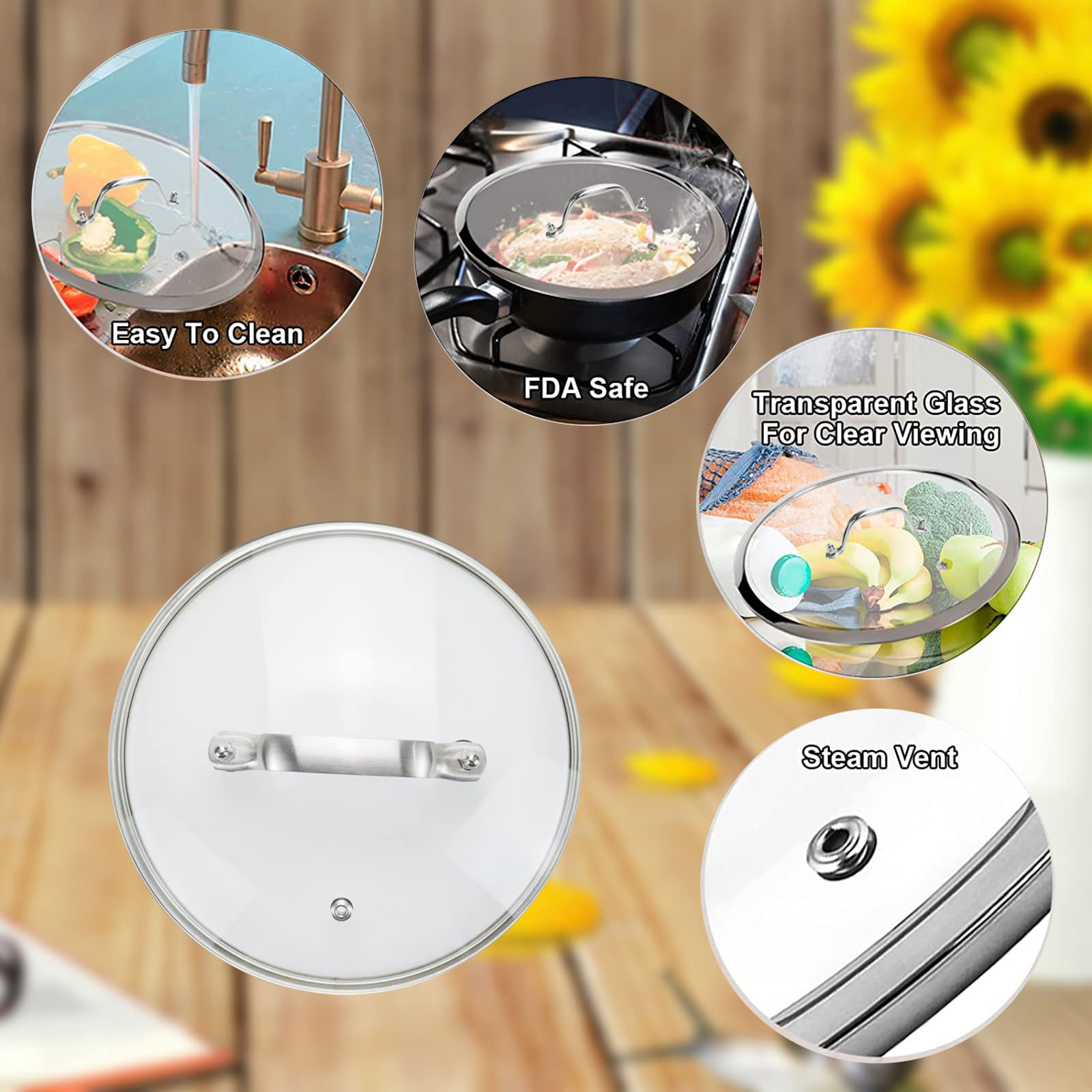 Tsnamay 12 Inch Clear Glass Pot Lid for Frying Pan Replacement Cover Can Withstand 356°F (180℃) with Stainless Steel Arch Bridge Handle,Matte Silver