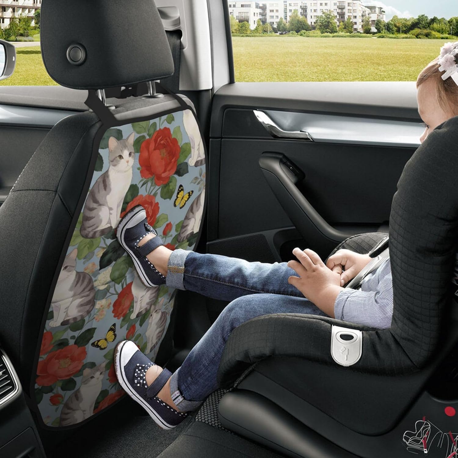 Floral Grey Cat Print Car Seat Back Kick Protector 2 Pack, 18.5x26.4 Inch Anti-Kick Pad, Waterproof Oxford Fabric Large Rear Seat Cover for Kids Pets Fits SUV Jeep Truck Sedan