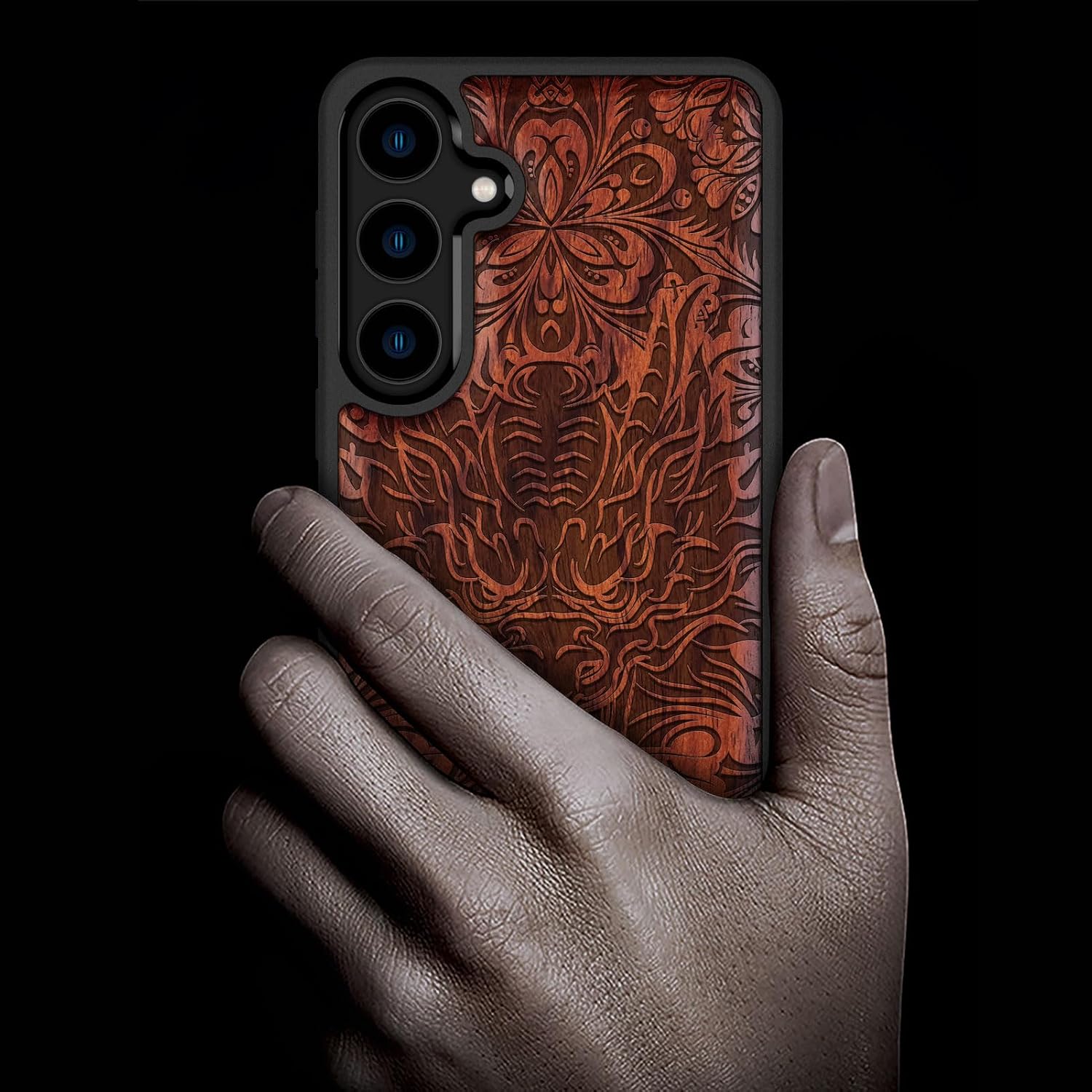 Carveit Wood Case for Galaxy S24 Plus Case [Natural Wood & Black Soft TPU] Shockproof Protective Cover Unique Wooden Design Compatible with S24 Plus (Dragon's Aura-Rosy)