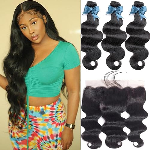 Paquetes de cabello brasileño ondulado con cierre frontal de encaje de oreja a oreja de 13 × 4 con 3 paquetes de extensiones de cabello humano