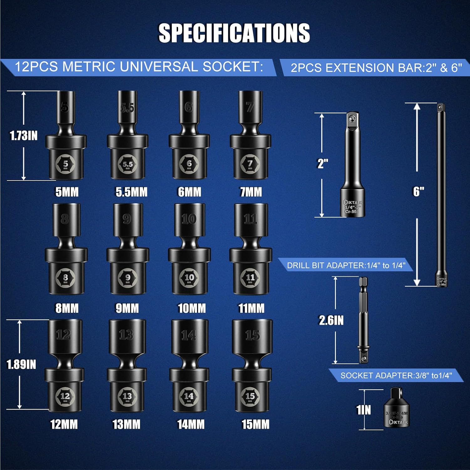 Professional 1/4" Drive Impact Swivel Socket Set,16-Piece Universal Metric Wobble Sockets (5-15MM) with 2", 6" Extension Bars & Socket Adapters, 6 Point, CR-MO, EVA Foam Organizer