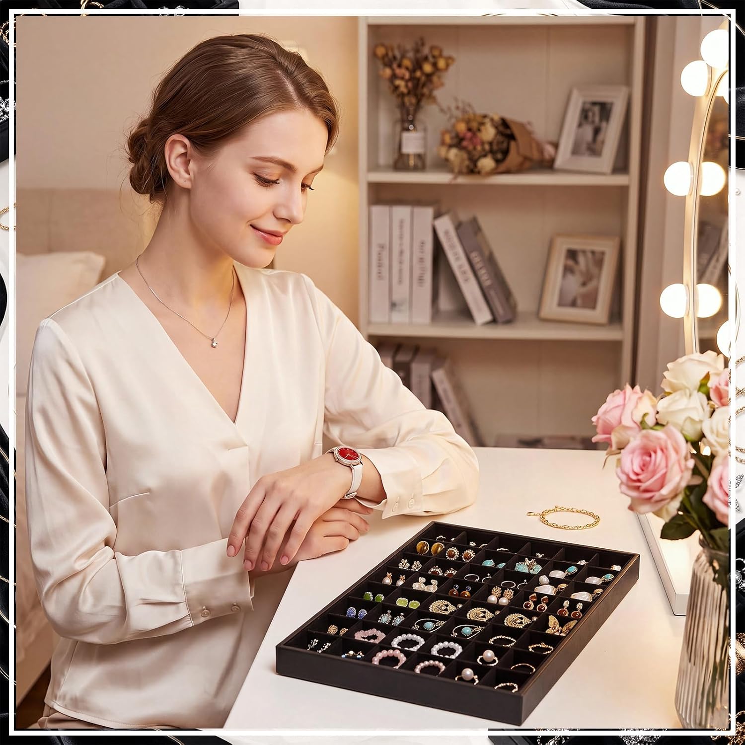 Wenqik 4 Pack Large Black Velvet Jewelry Trays Bulk Drawer Inserts 48 Grids
