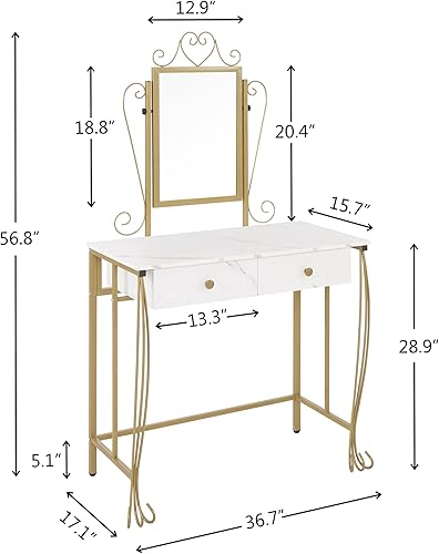 Miniatura 5 de Juego de mesa de espejo de tocador de maquillaje, tocador de escritorio de maquillaje con taburete, mesa de tocador moderna con 2 cajones, tocador