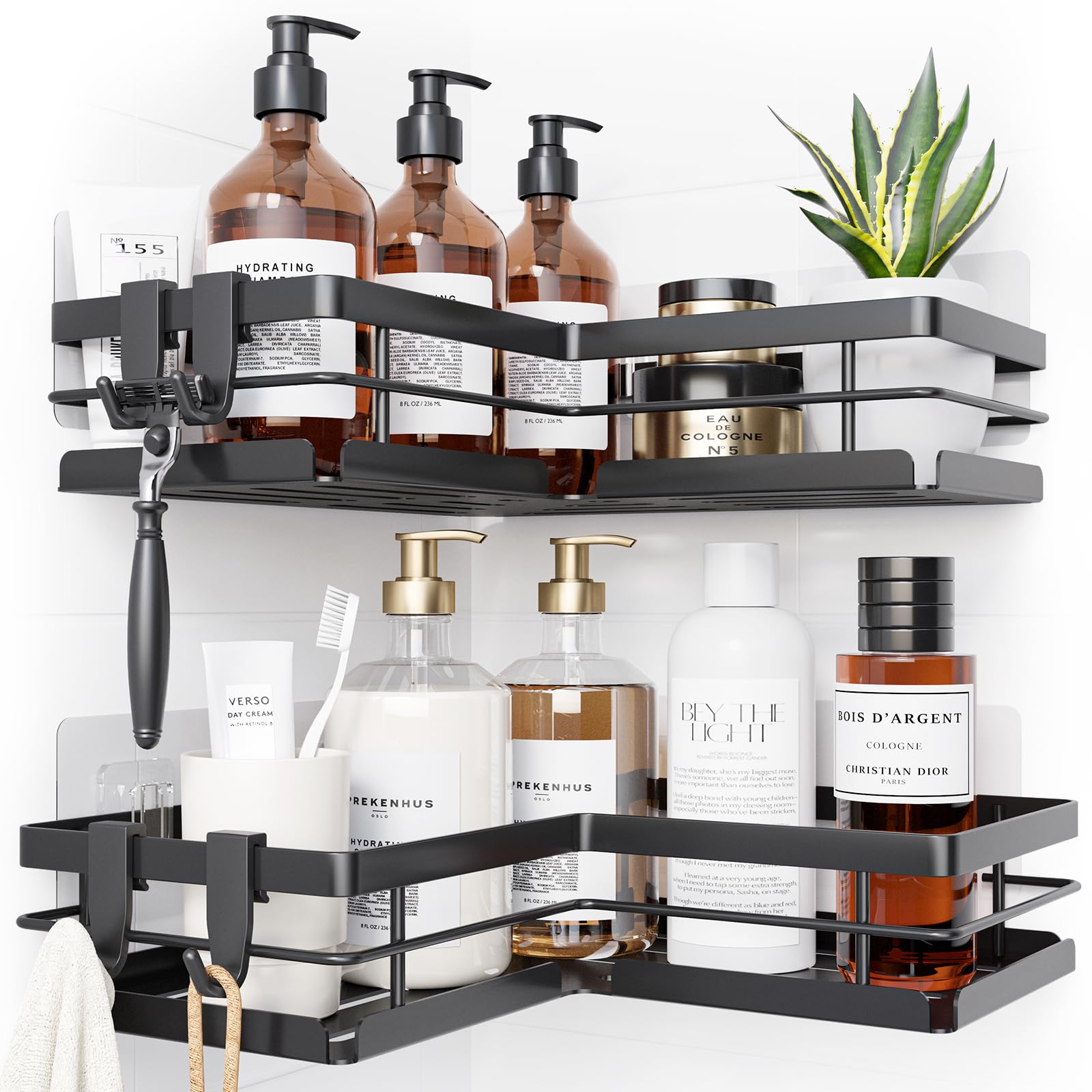 Kitsure Corner Shower Caddy – 2-Pack Adhesive Bathroom Shelves, Black, L