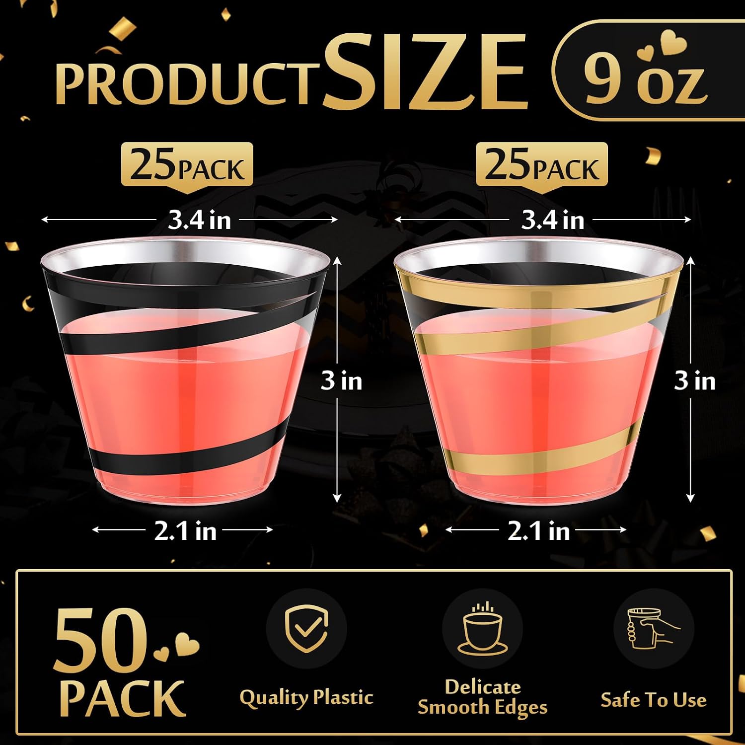 Gejoy 50 Pcs 9 oz Rimmed Swirl Plastic Cup, Black, Gold, Classic image 2